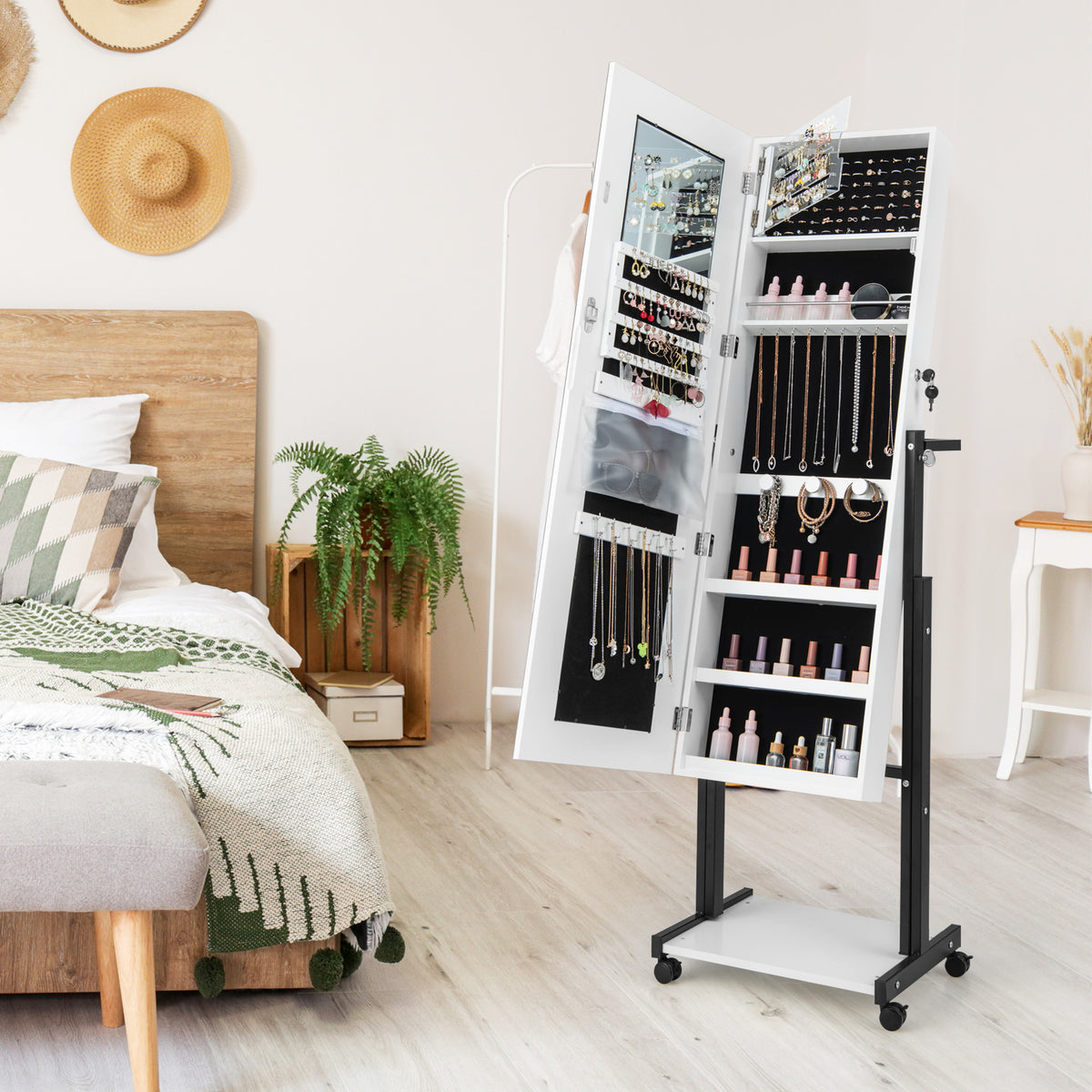 3-Color 46 LED Lights Mirror Jewelry Cabinet Armoire Adjustable Height with Wheels-White-Jewelry Armoires-DECOROLALA