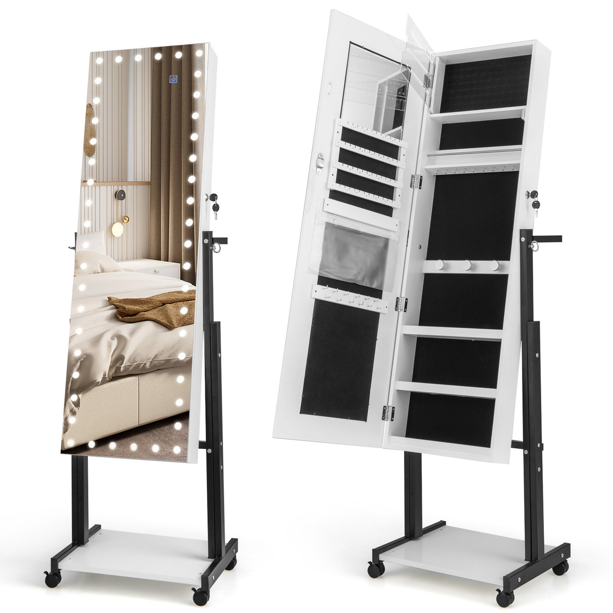 3-Color 46 LED Lights Mirror Jewelry Cabinet Armoire Adjustable Height with Wheels-White-Jewelry Armoires-DECOROLALA