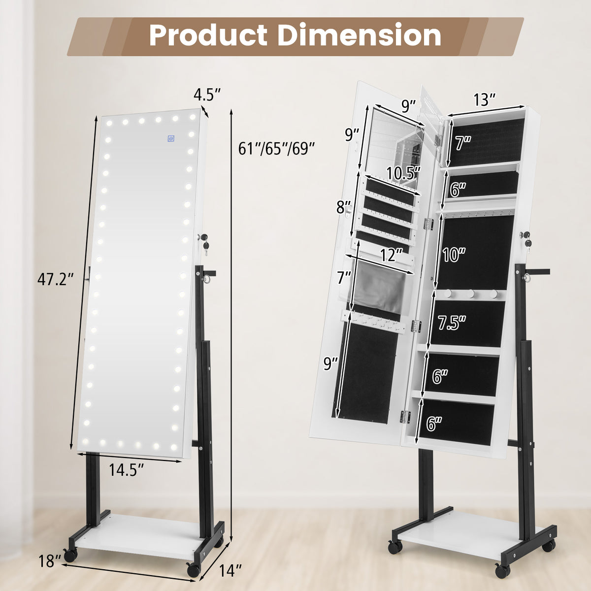 3-Color 46 LED Lights Mirror Jewelry Cabinet Armoire Adjustable Height with Wheels-White-Jewelry Armoires-DECOROLALA