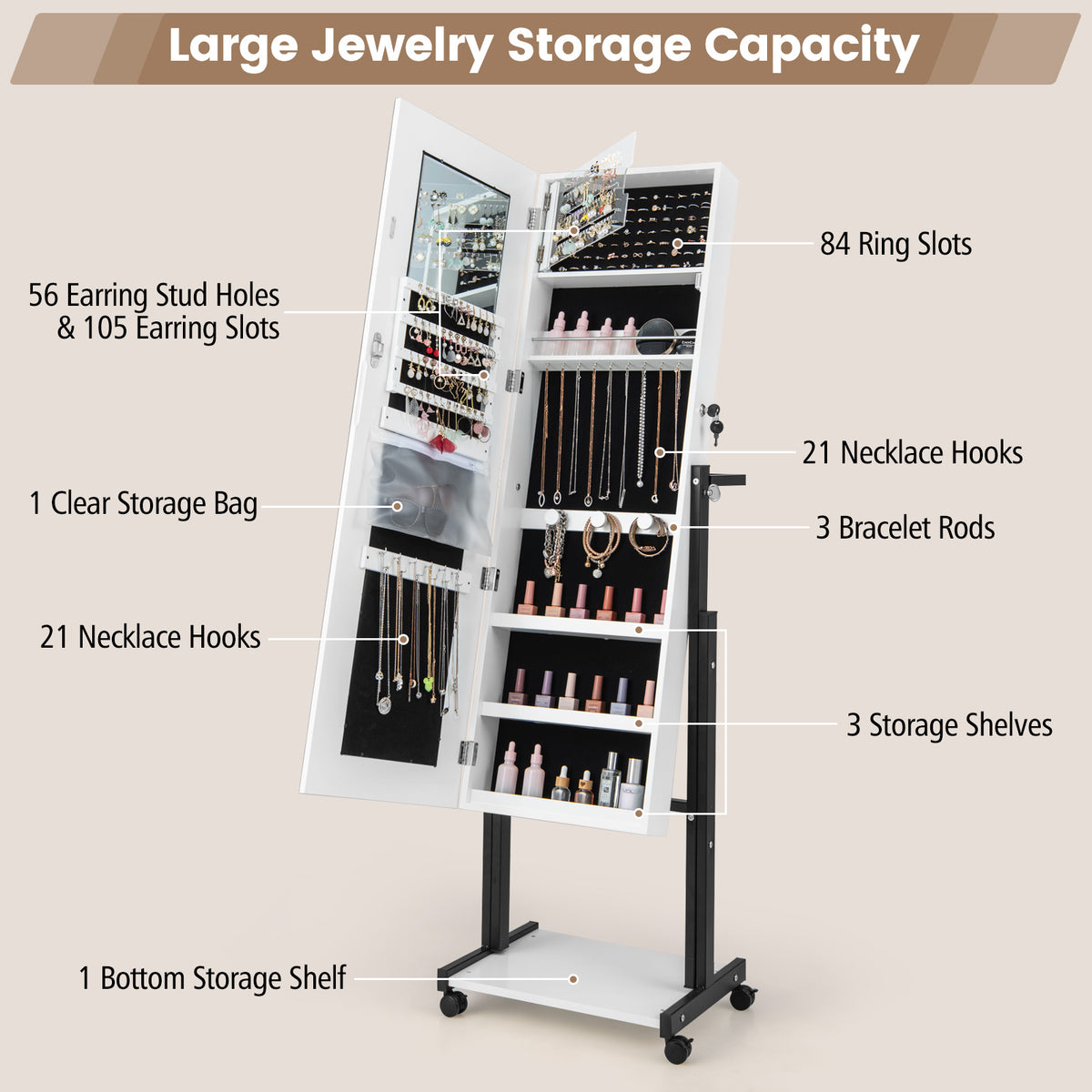 3-Color 46 LED Lights Mirror Jewelry Cabinet Armoire Adjustable Height with Wheels-White-Jewelry Armoires-DECOROLALA