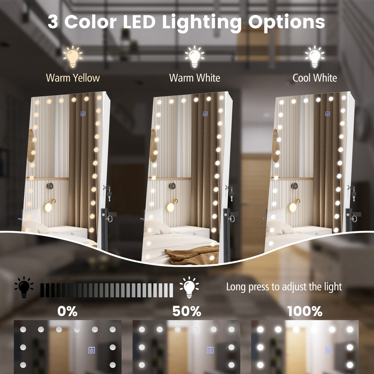3-Color 46 LED Lights Mirror Jewelry Cabinet Armoire Adjustable Height with Wheels-White-Jewelry Armoires-DECOROLALA