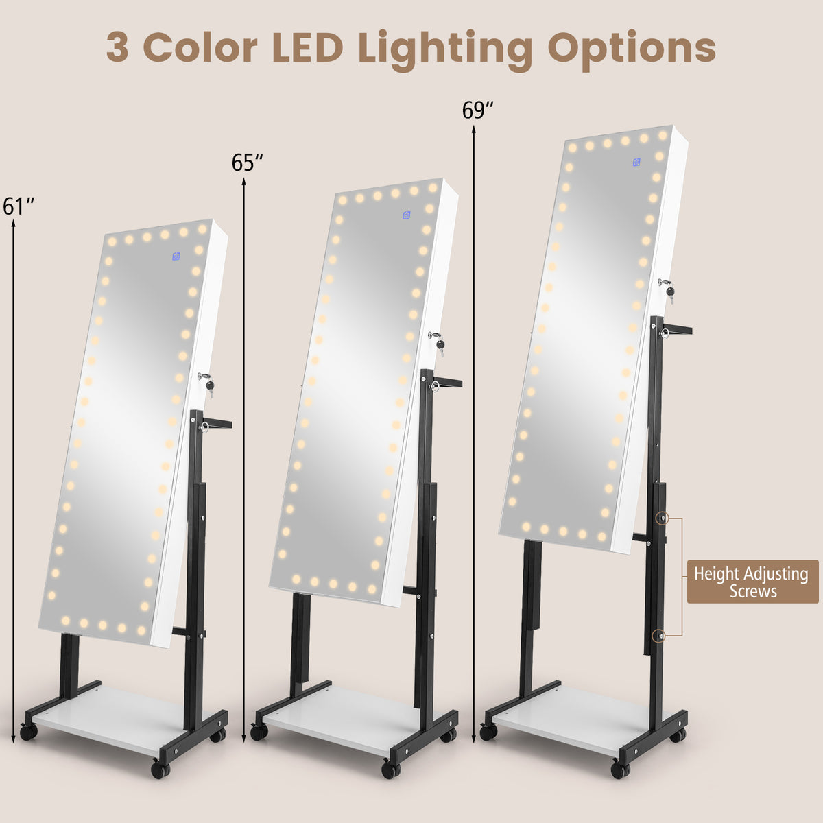 3-Color 46 LED Lights Mirror Jewelry Cabinet Armoire Adjustable Height with Wheels-White-Jewelry Armoires-DECOROLALA