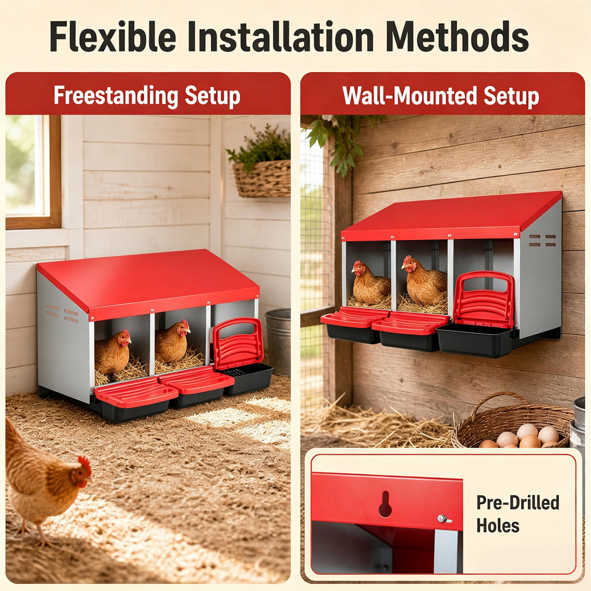 3-Compartment Roll Away Chicken Nesting Box for Egg Collection with Removable Trays and Landing Steps-Red-Chicken Coops-DECOROLALA