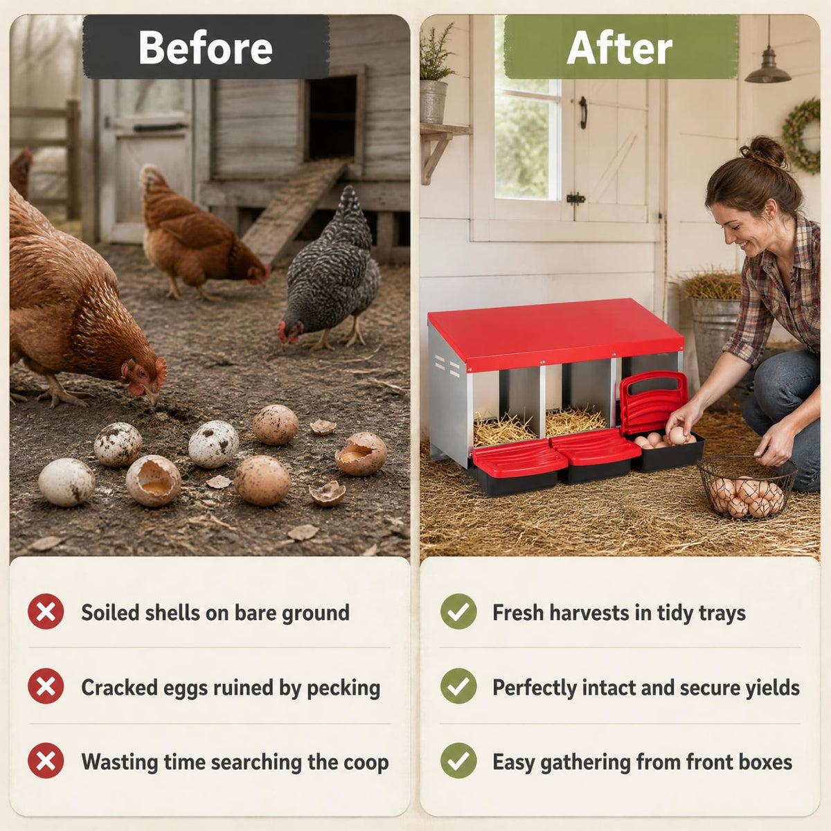 3-Compartment Roll Away Chicken Nesting Box for Egg Collection with Removable Trays and Landing Steps-Red-Chicken Coops-DECOROLALA