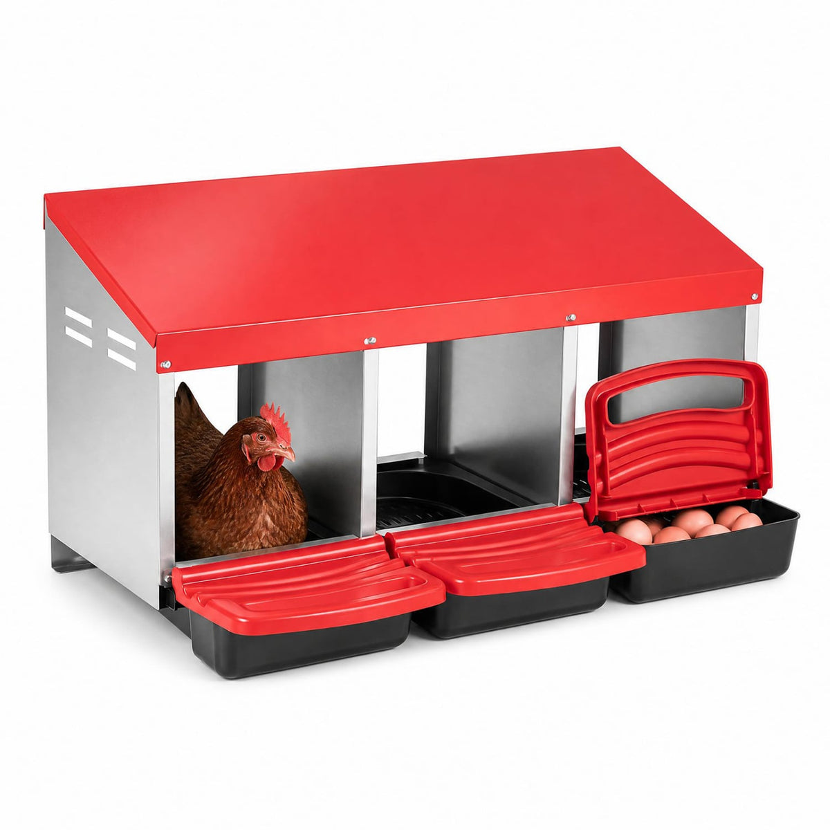 3-Compartment Roll Away Chicken Nesting Box for Egg Collection with Removable Trays and Landing Steps-Red-Chicken Coops-DECOROLALA