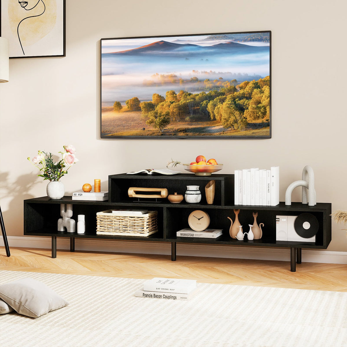 3 Cubby TV Stand for TVs up to 70 Inch Entertainment Center with Open Storage Compartments-Black-Entertainment Centers & TV Stands-DECOROLALA