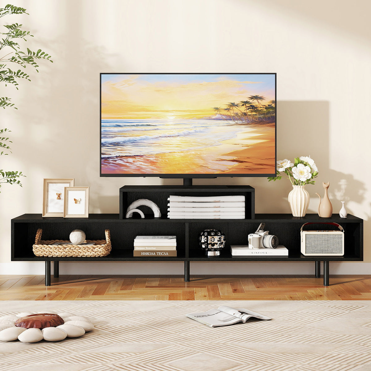 3 Cubby TV Stand for TVs up to 70 Inch Entertainment Center with Open Storage Compartments-Black-Entertainment Centers & TV Stands-DECOROLALA
