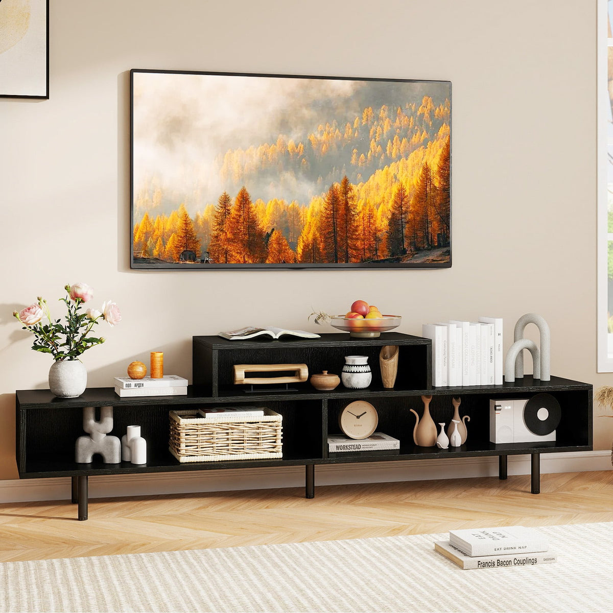 3 Cubby TV Stand for TVs up to 70 Inch Entertainment Center with Open Storage Compartments-Black-Entertainment Centers & TV Stands-DECOROLALA