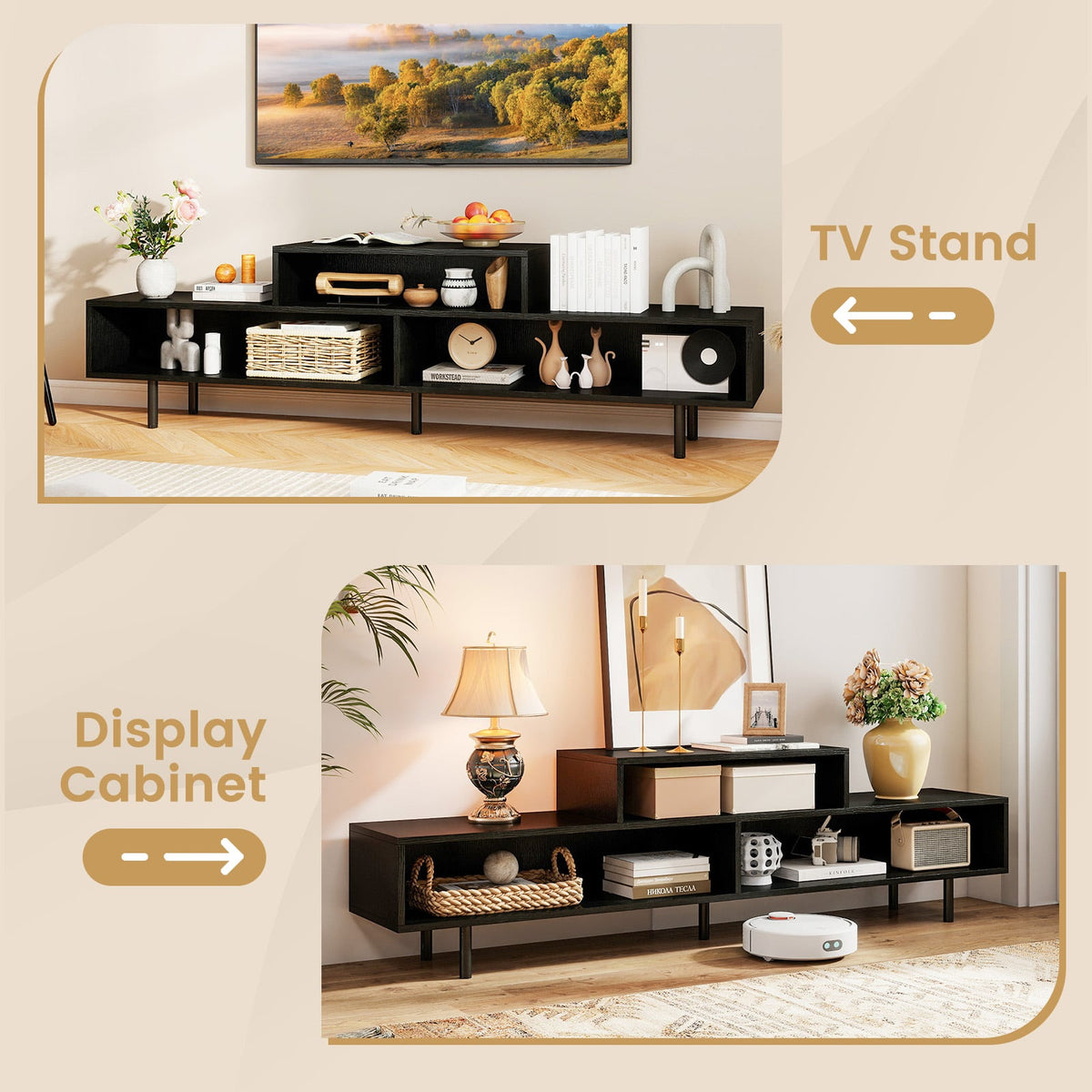 3 Cubby TV Stand for TVs up to 70 Inch Entertainment Center with Open Storage Compartments-Black-Entertainment Centers & TV Stands-DECOROLALA