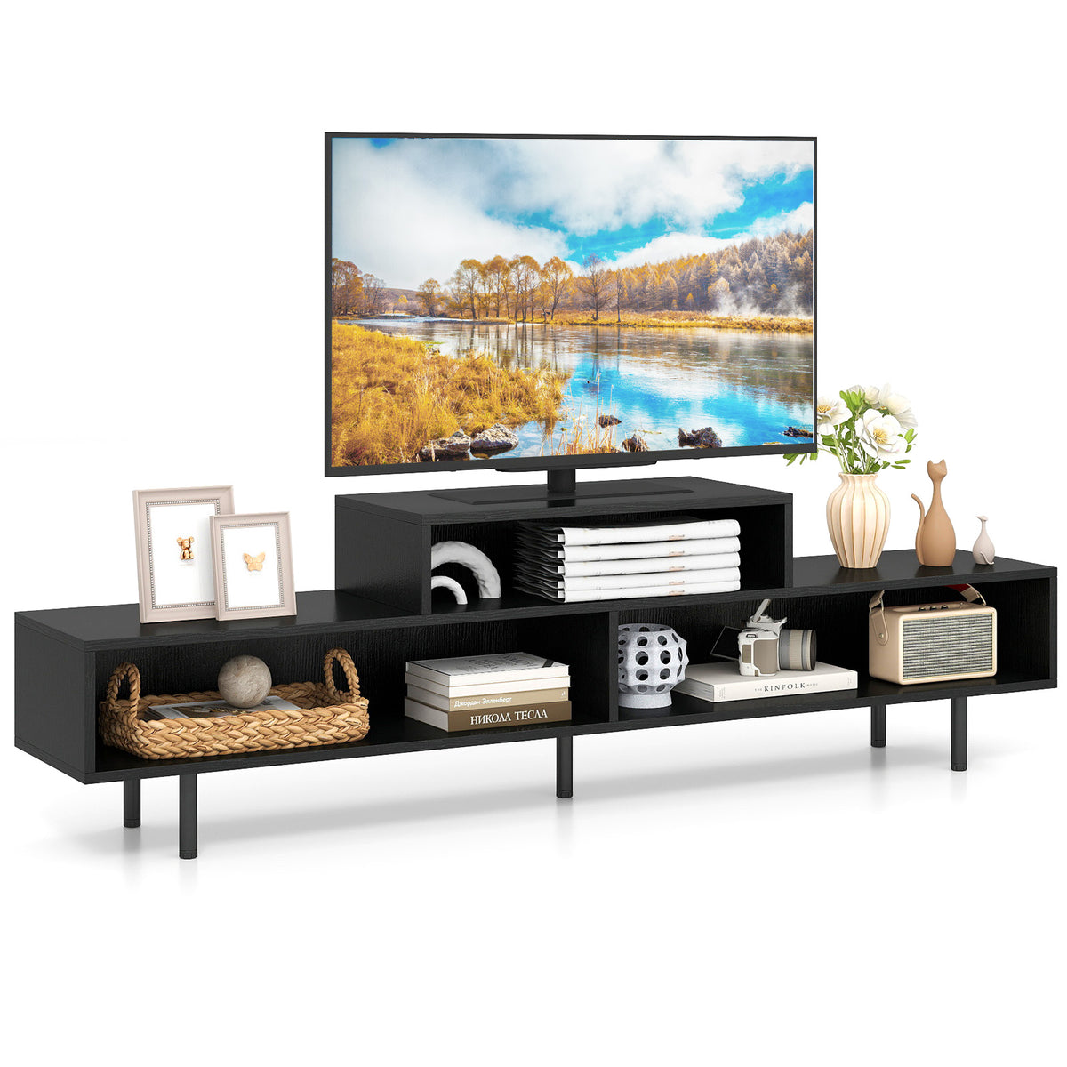 3 Cubby TV Stand for TVs up to 70 Inch Entertainment Center with Open Storage Compartments-Black-Entertainment Centers & TV Stands-DECOROLALA