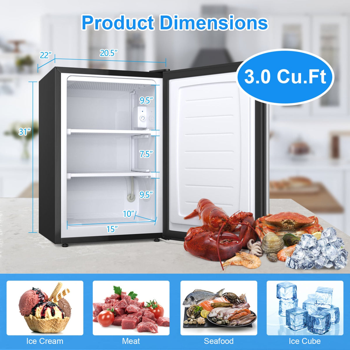 3 Cubic Feet Compact Upright Freezer with Stainless Steel Door-Refrigerators-DECOROLALA