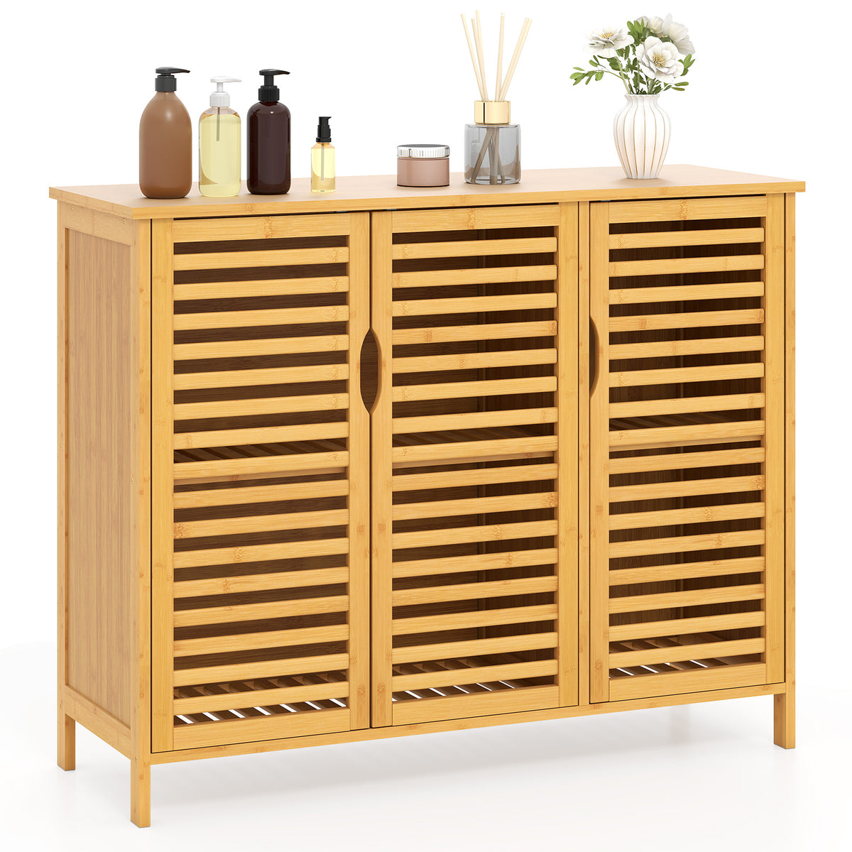 3-Door Bamboo Bathroom Cabinet with Shelves - Natural 40" Wide-Floor Cabinets-DECOROLALA