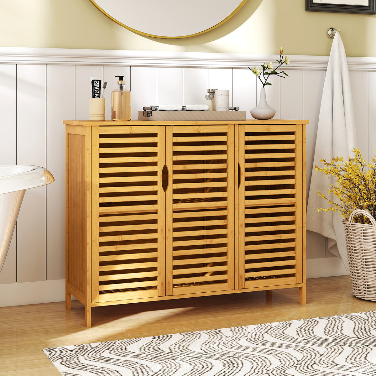 3-Door Bamboo Bathroom Cabinet with Shelves - Natural 40" Wide-Floor Cabinets-DECOROLALA