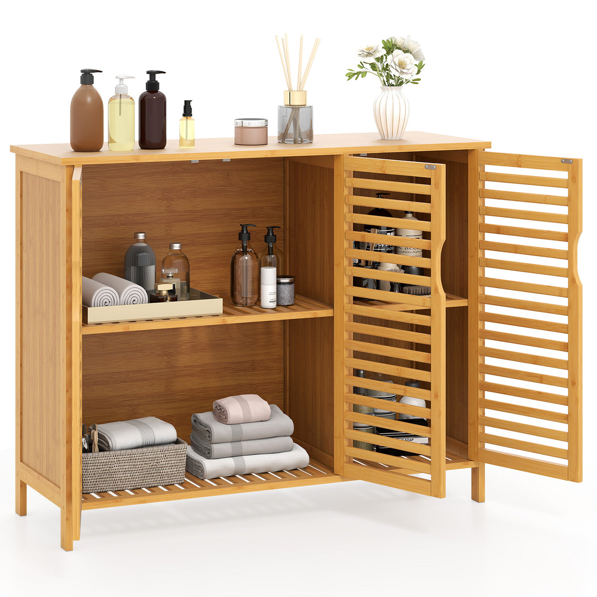3-Door Bamboo Bathroom Cabinet with Shelves - Natural 40" Wide-Floor Cabinets-DECOROLALA