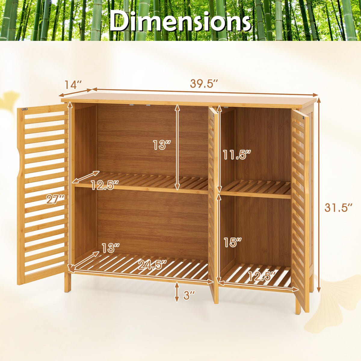 3-Door Bamboo Bathroom Cabinet with Shelves - Natural 40" Wide-Floor Cabinets-DECOROLALA