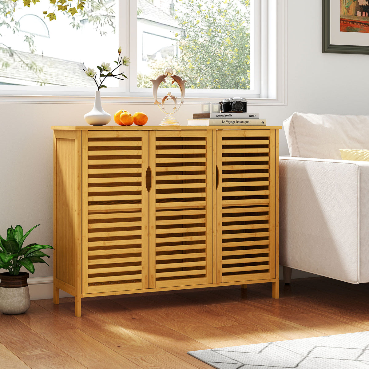 3-Door Bamboo Bathroom Cabinet with Shelves - Natural 40" Wide-Floor Cabinets-DECOROLALA