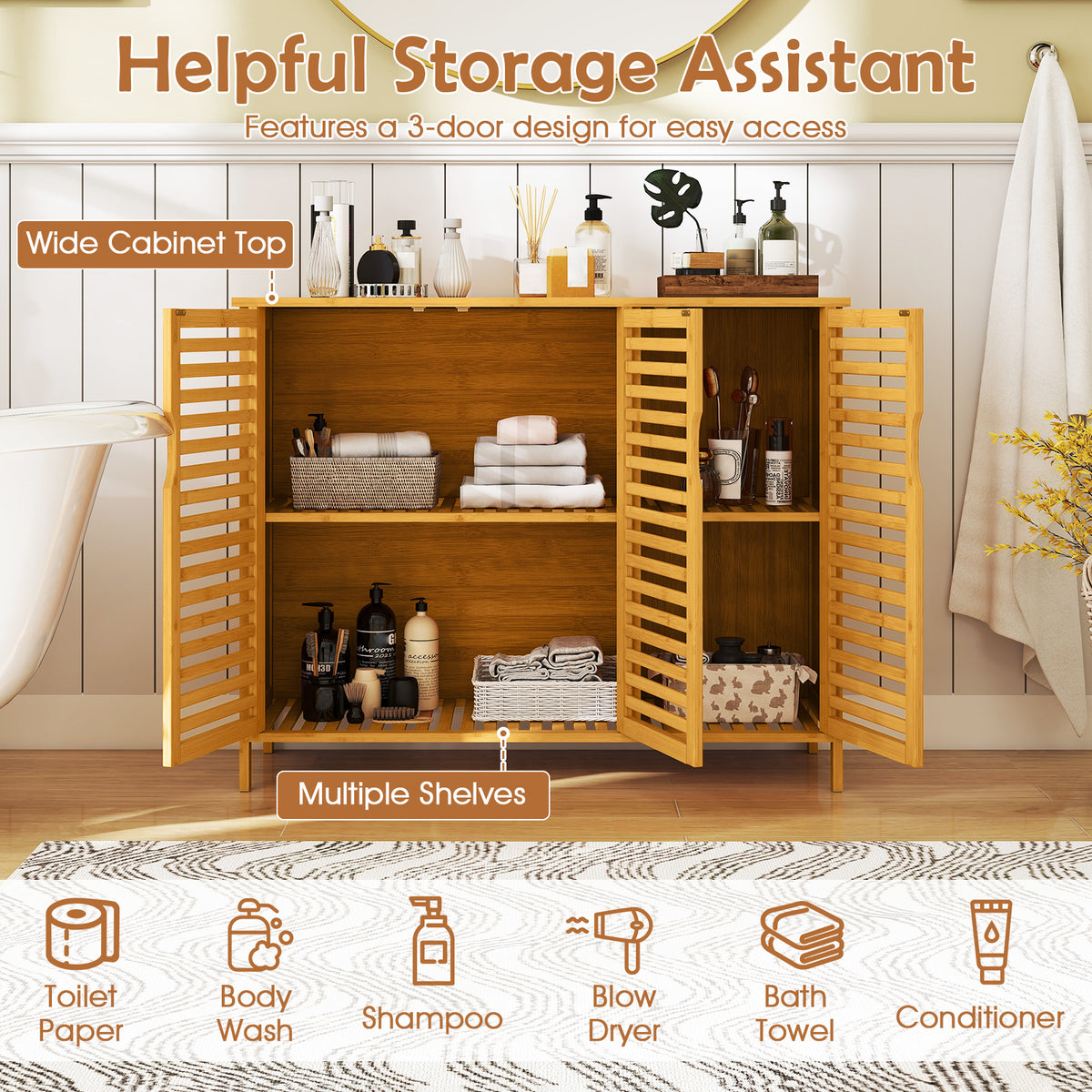 3-Door Bamboo Bathroom Cabinet with Shelves - Natural 40" Wide-Floor Cabinets-DECOROLALA