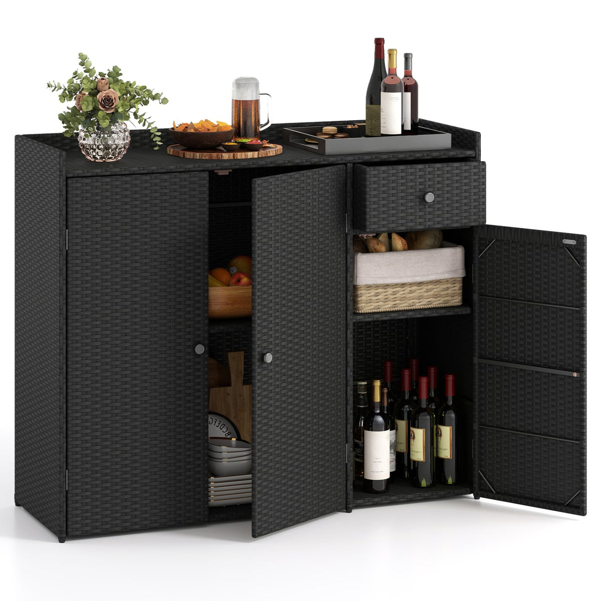3 Doors Outdoor PE Wicker Storage Cabinet for Deck-Black-Garages-DECOROLALA