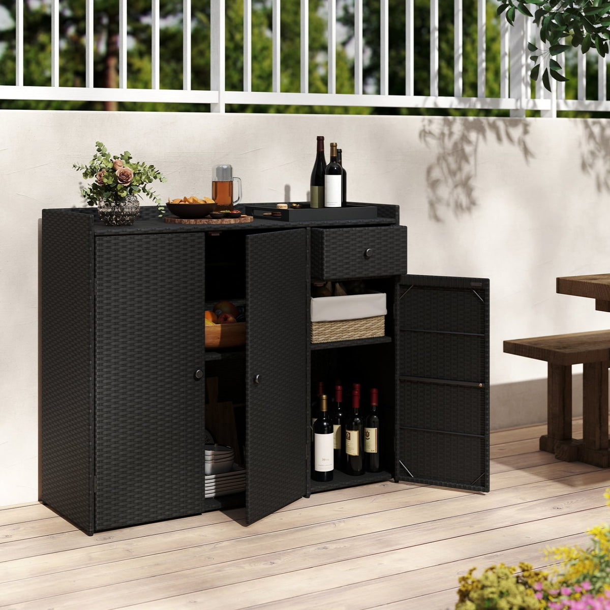 3 Doors Outdoor PE Wicker Storage Cabinet for Deck-Black-Garages-DECOROLALA