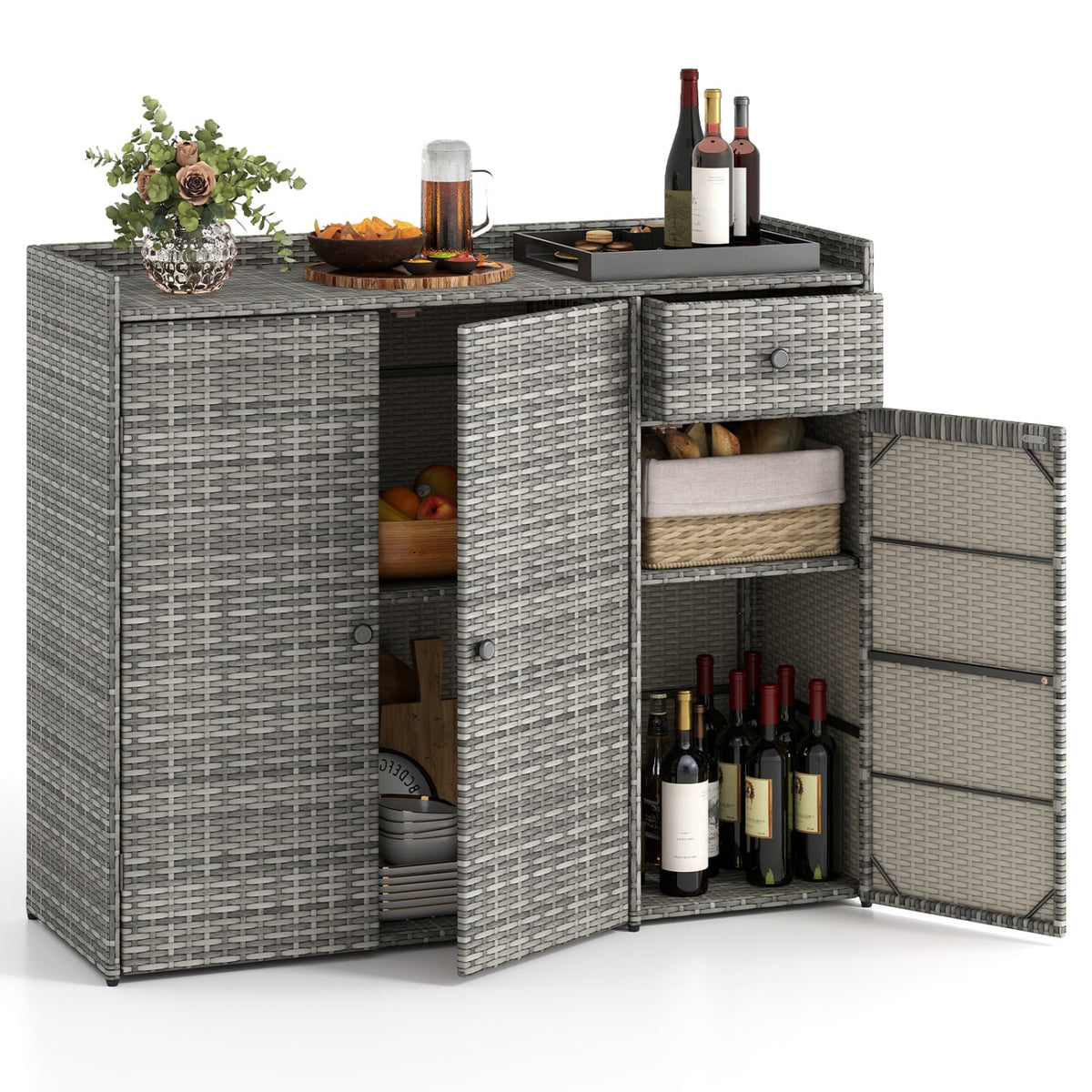 3 Doors Outdoor PE Wicker Storage Cabinet for Deck-Gray-Garages-DECOROLALA