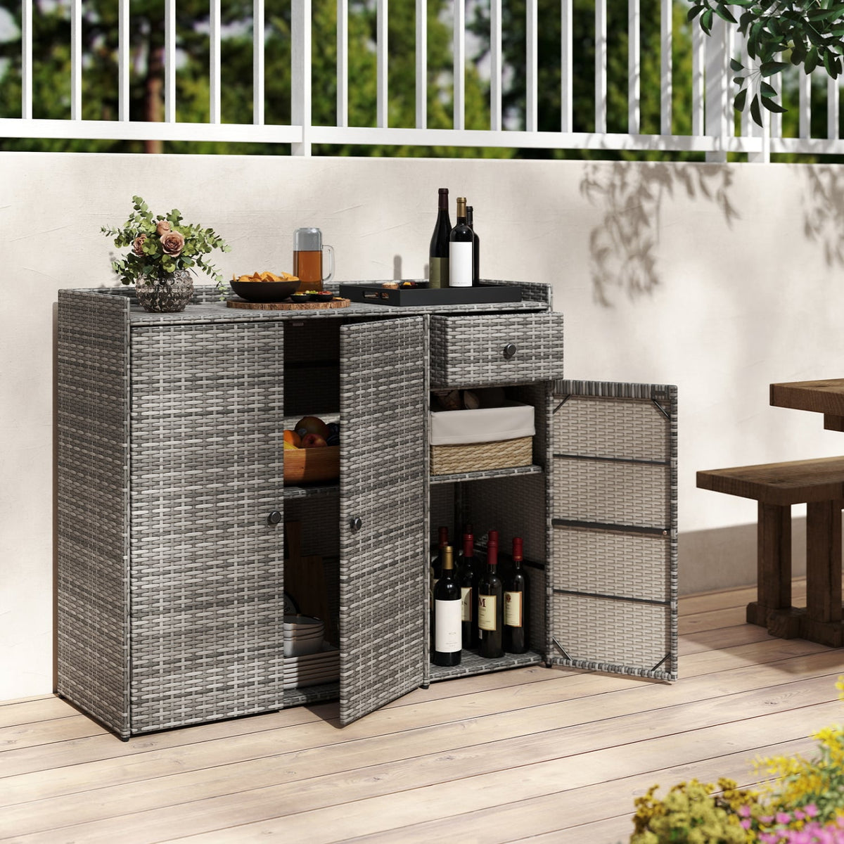 3 Doors Outdoor PE Wicker Storage Cabinet for Deck-Gray-Garages-DECOROLALA