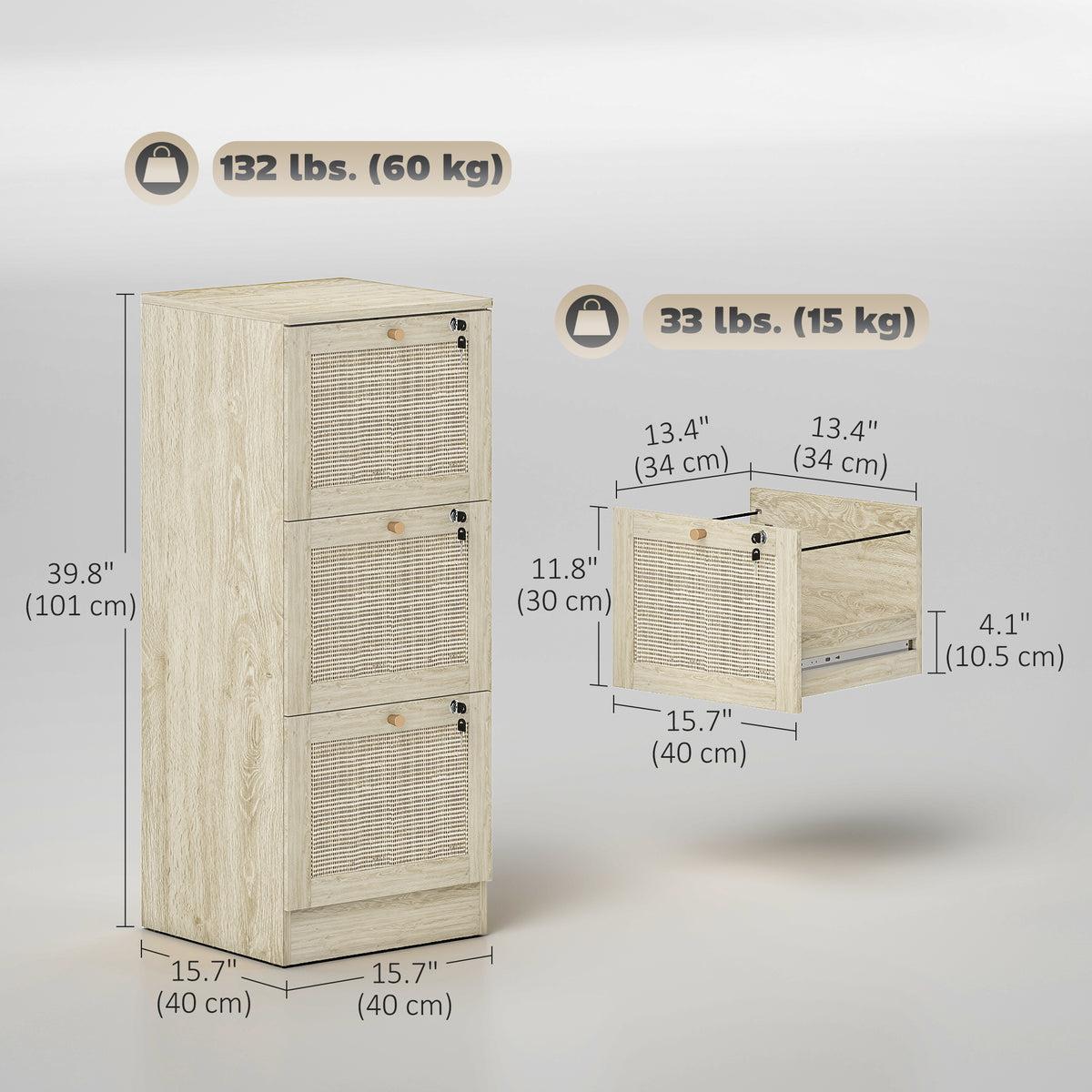 3-Drawer Boho Filing Cabinet with Lock - Oak Rattan Fronts-Office Products > Office Furniture > Office Cabinets & Cupboards-DECOROLALA