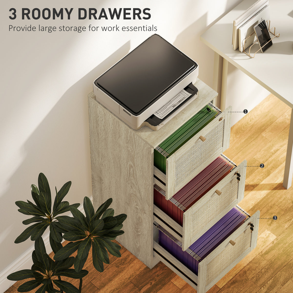 3-Drawer Boho Filing Cabinet with Lock - Oak Rattan Fronts-Office Products > Office Furniture > Office Cabinets & Cupboards-DECOROLALA