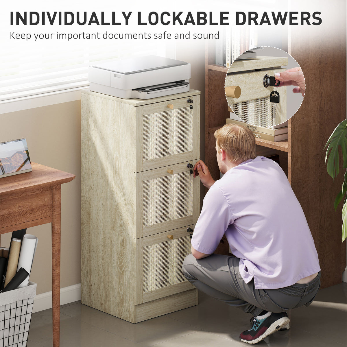 3-Drawer Boho Filing Cabinet with Lock - Oak Rattan Fronts-Office Products > Office Furniture > Office Cabinets & Cupboards-DECOROLALA