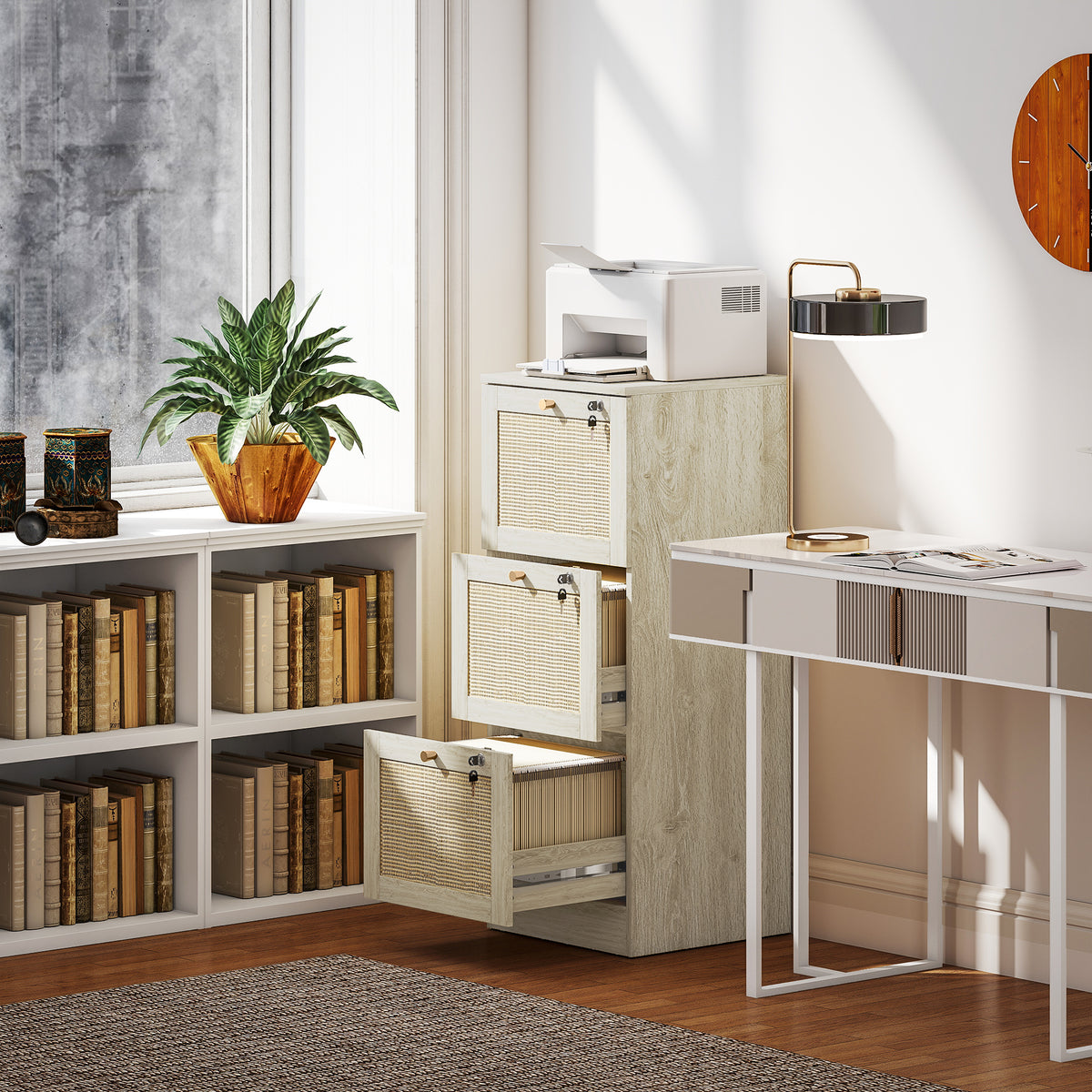 3-Drawer Boho Filing Cabinet with Lock - Oak Rattan Fronts-Office Products > Office Furniture > Office Cabinets & Cupboards-DECOROLALA