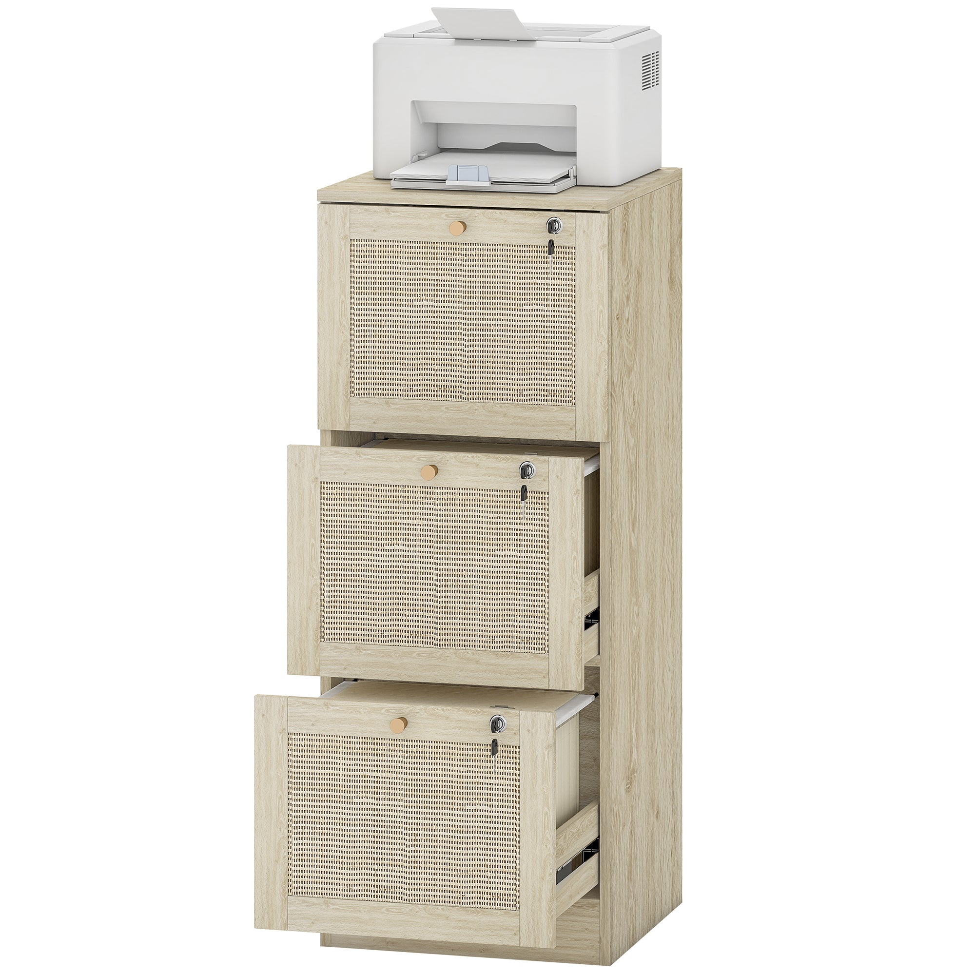 3-Drawer Boho Filing Cabinet with Lock - Oak Rattan Fronts-Office Products > Office Furniture > Office Cabinets & Cupboards-DECOROLALA