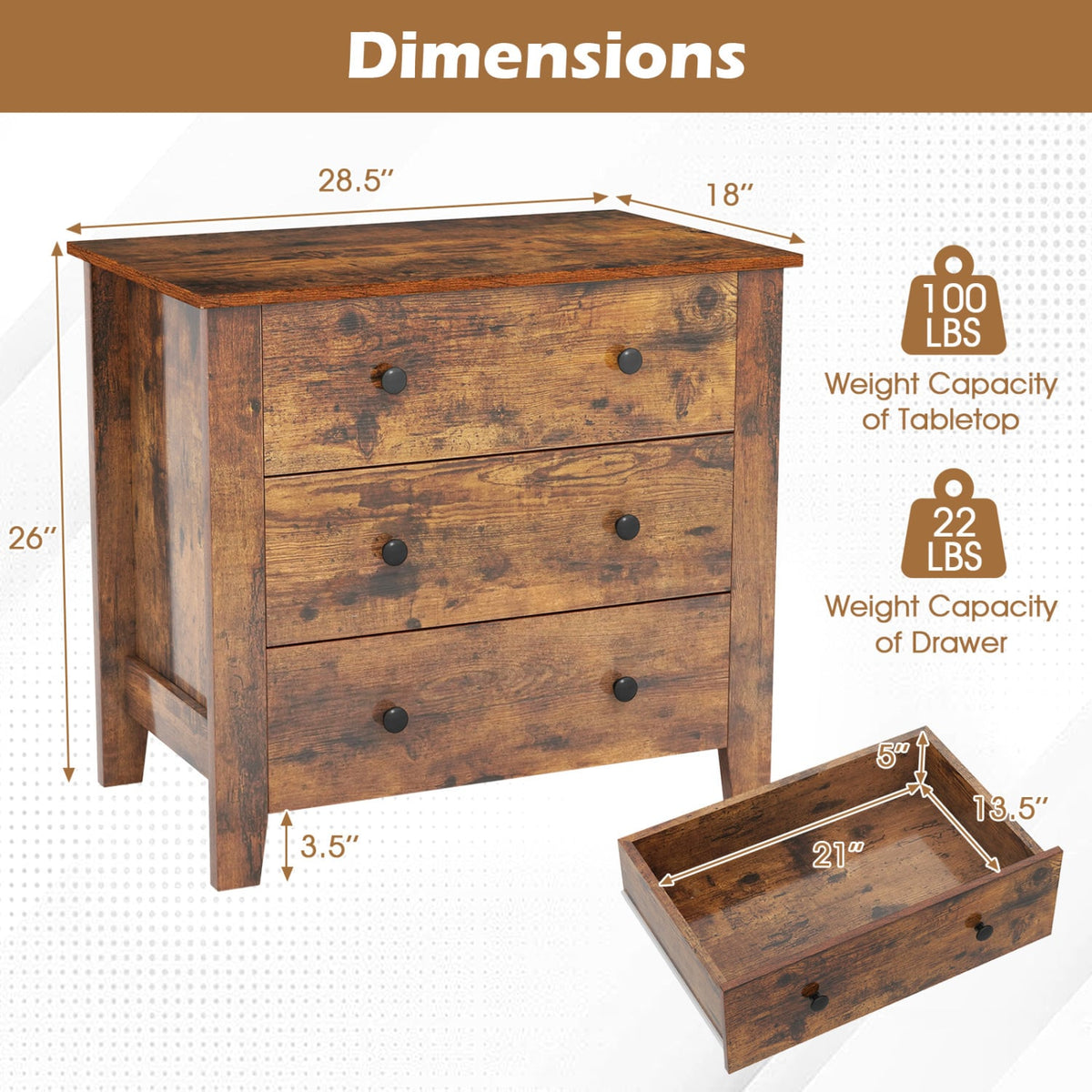 3-Drawer Dresser Chest 2-Pack - Brown (min order qty 2)-Dressers & Chests-DECOROLALA