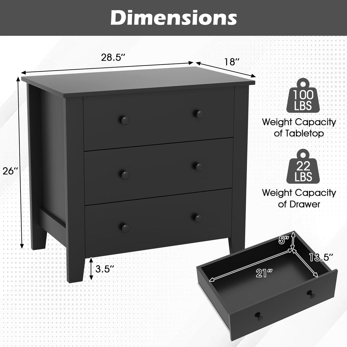 3 Drawer Dresser Chest - Black Wood Grain (min order qty 2)-Dressers & Chests-DECOROLALA