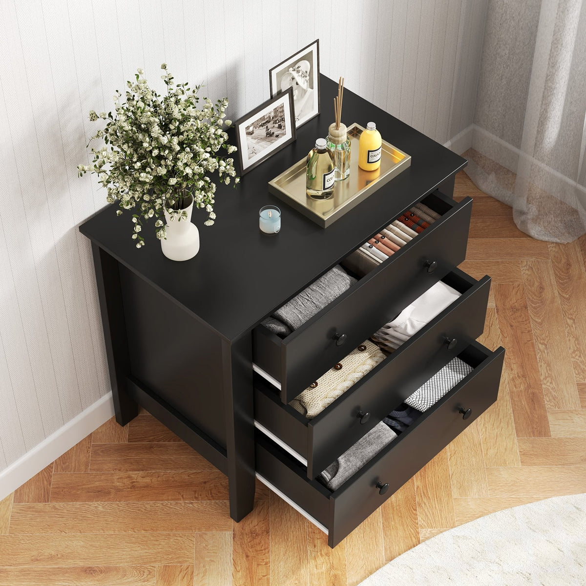 3 Drawer Dresser Chest - Black Wood Grain (min order qty 2)-Dressers & Chests-DECOROLALA