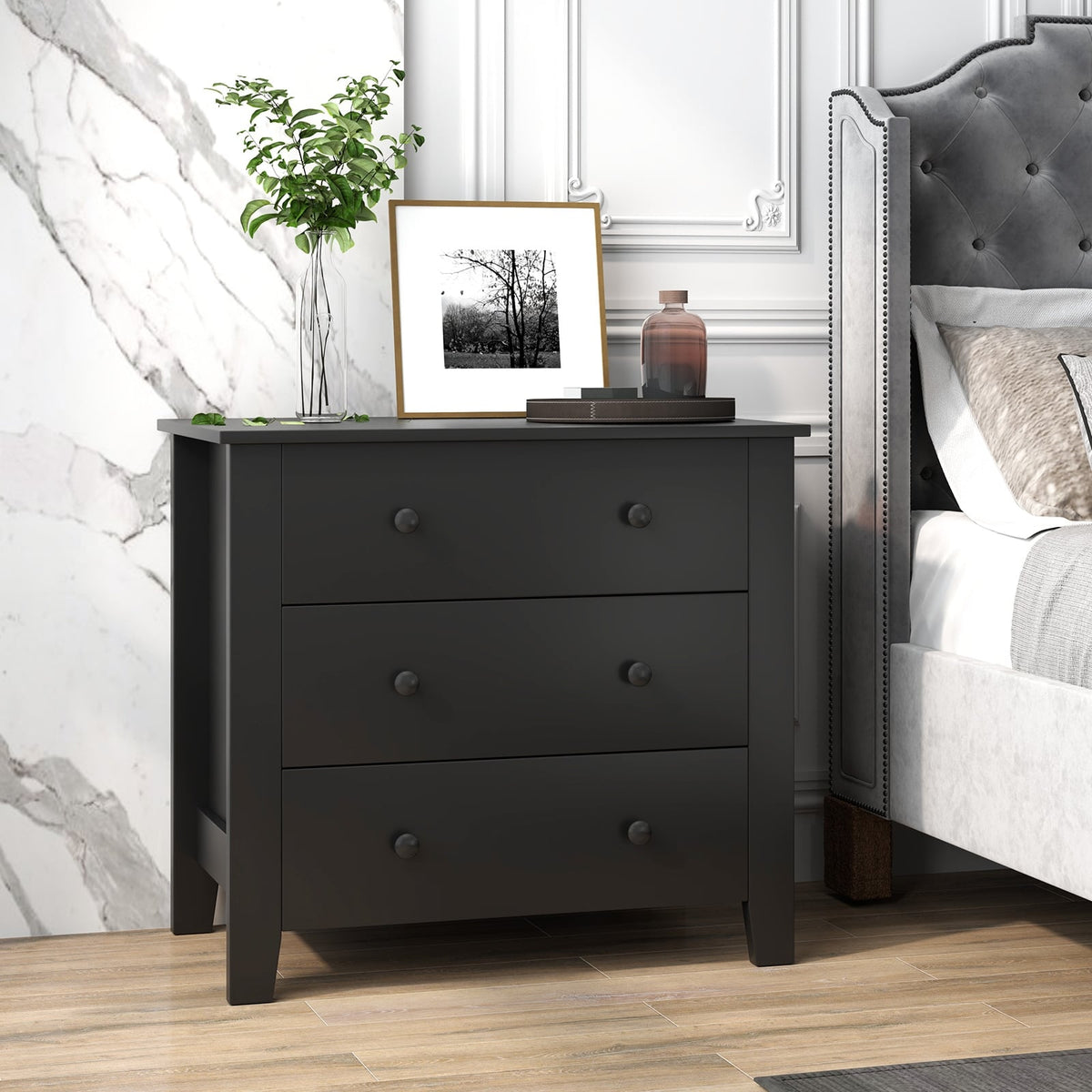 3 Drawer Dresser Chest - Black Wood Grain (min order qty 2)-Dressers & Chests-DECOROLALA