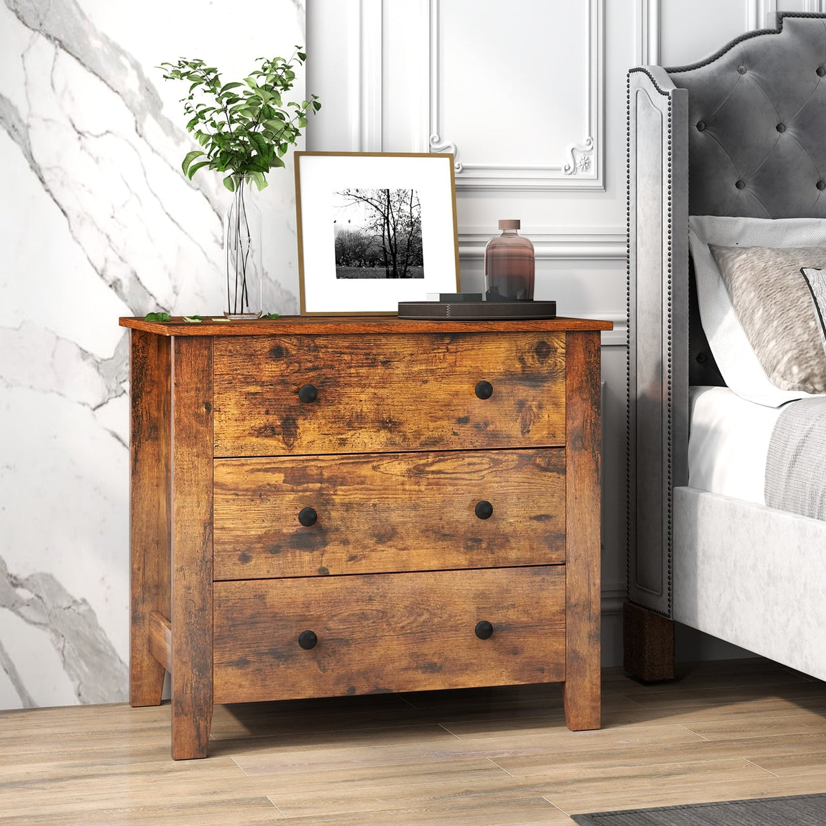 3 Drawer Dresser Chest of Drawers Bedside Table-Rustic Brown-Dressers & Chests-DECOROLALA
