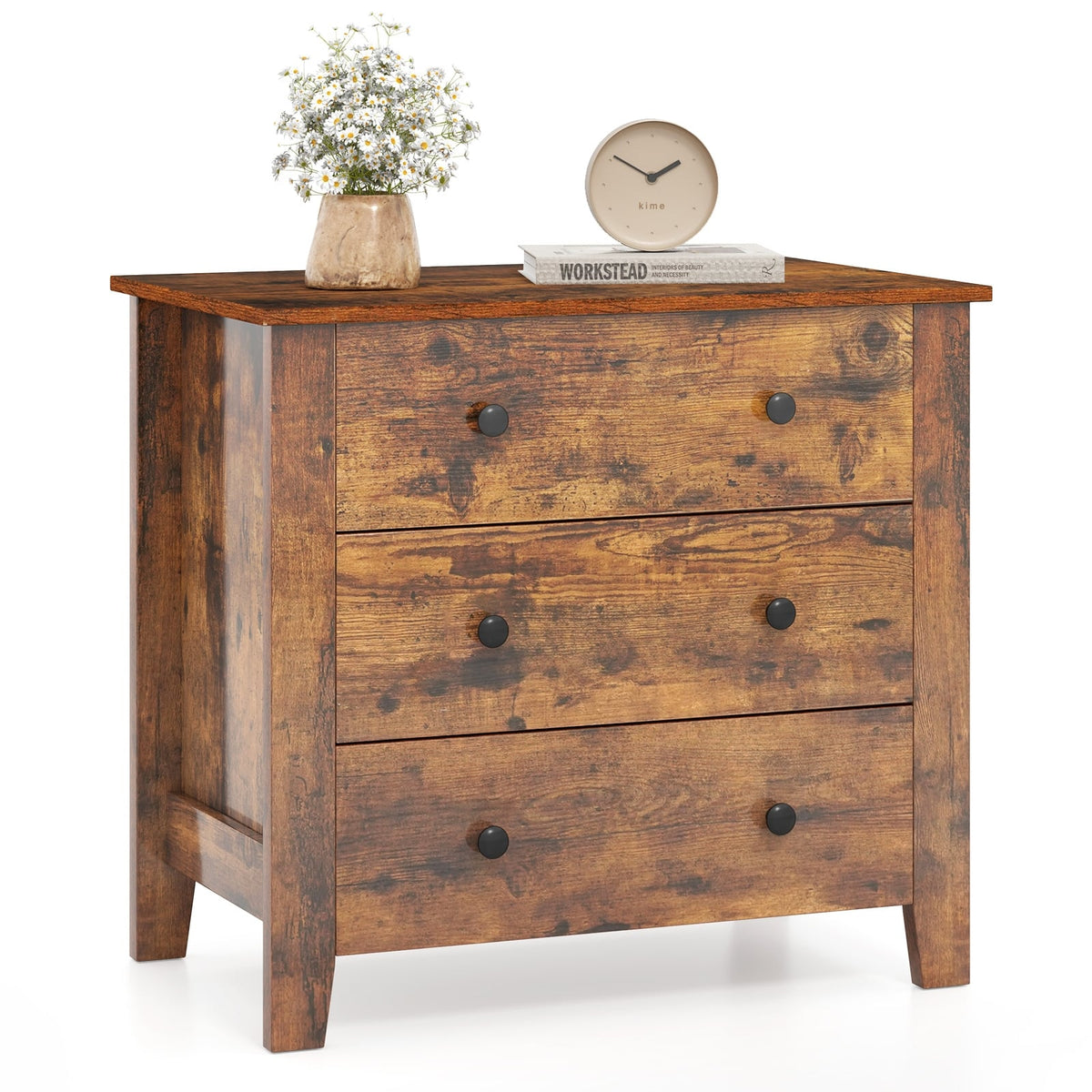 3 Drawer Dresser Chest of Drawers Bedside Table-Rustic Brown-Dressers & Chests-DECOROLALA