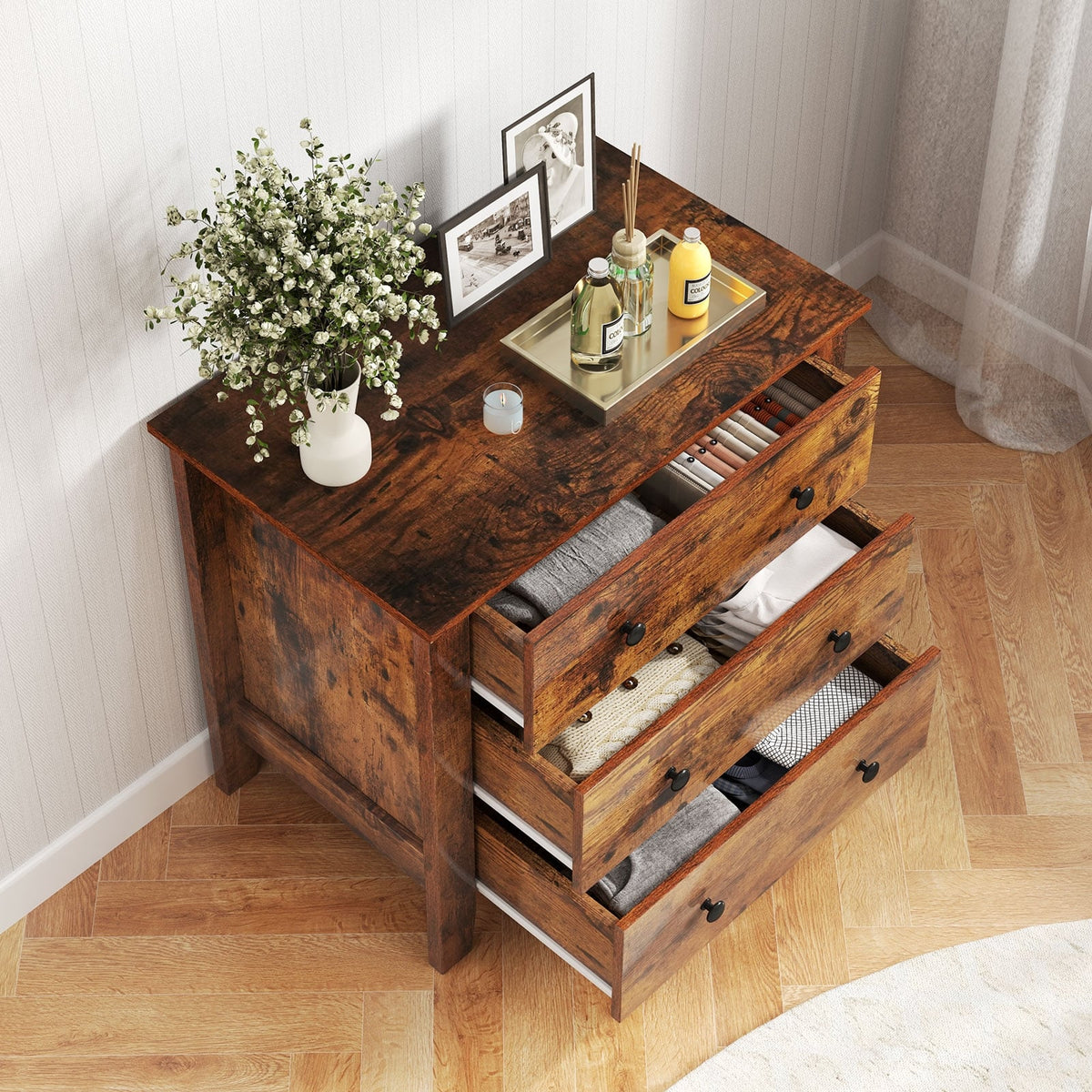 3 Drawer Dresser Chest of Drawers Bedside Table-Rustic Brown-Dressers & Chests-DECOROLALA