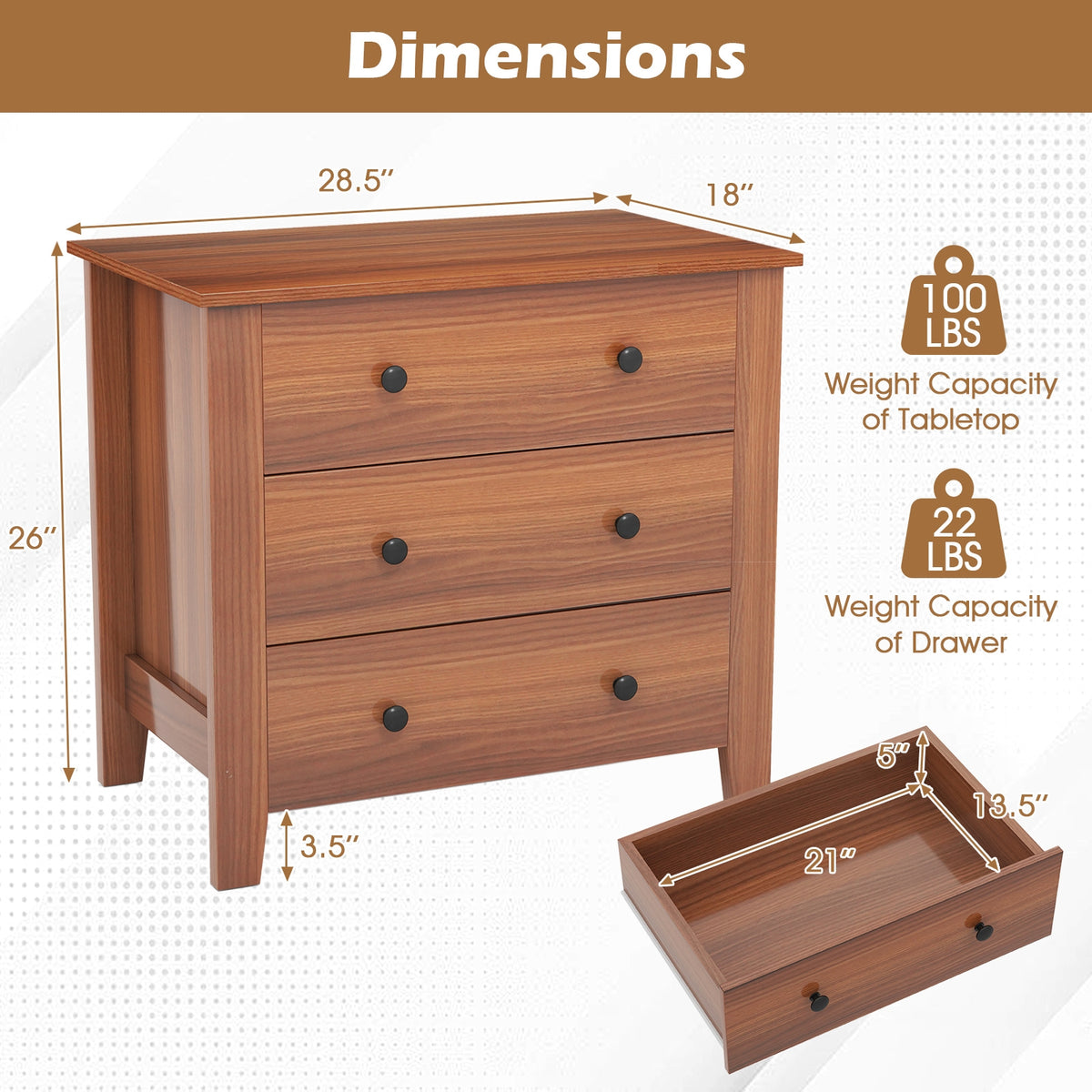 3 Drawer Dresser Chest - Walnut (min order qty 2)-Dressers & Chests-DECOROLALA