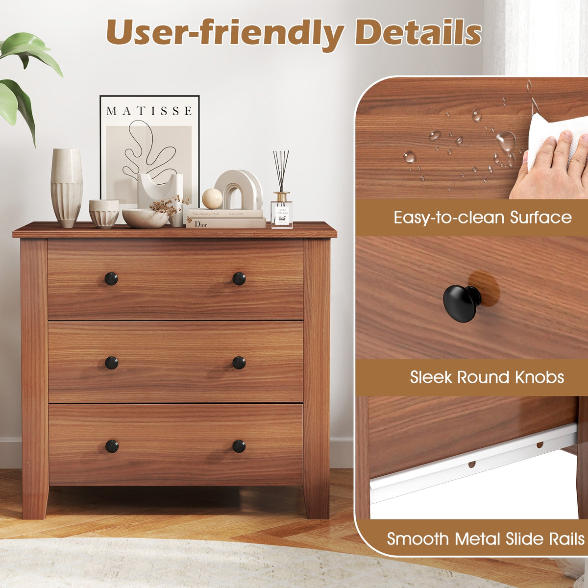 3 Drawer Dresser Chest - Walnut (min order qty 2)-Dressers & Chests-DECOROLALA