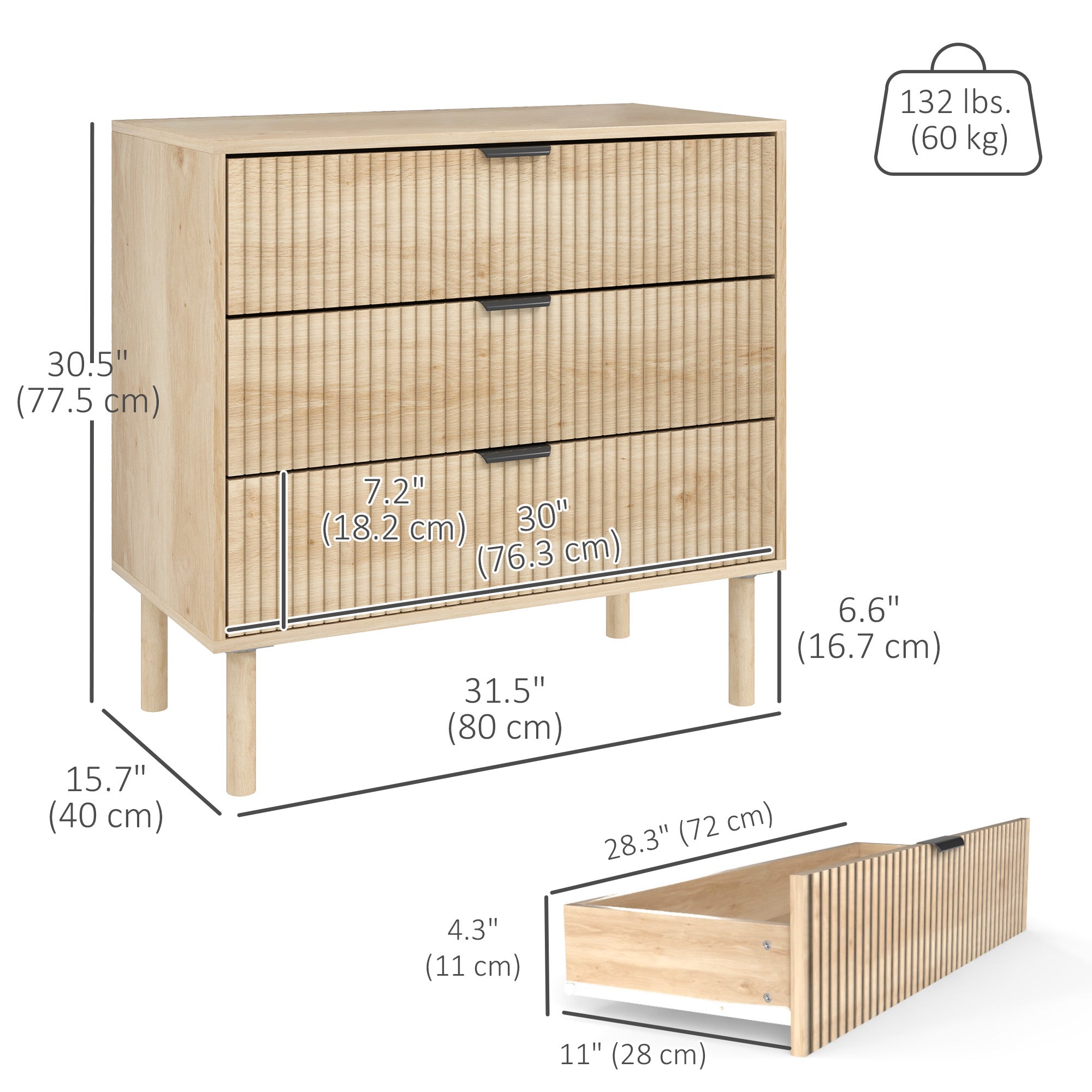 3 Drawer Dresser - Oak Fluted Chest of Drawers-DECOROLALA
