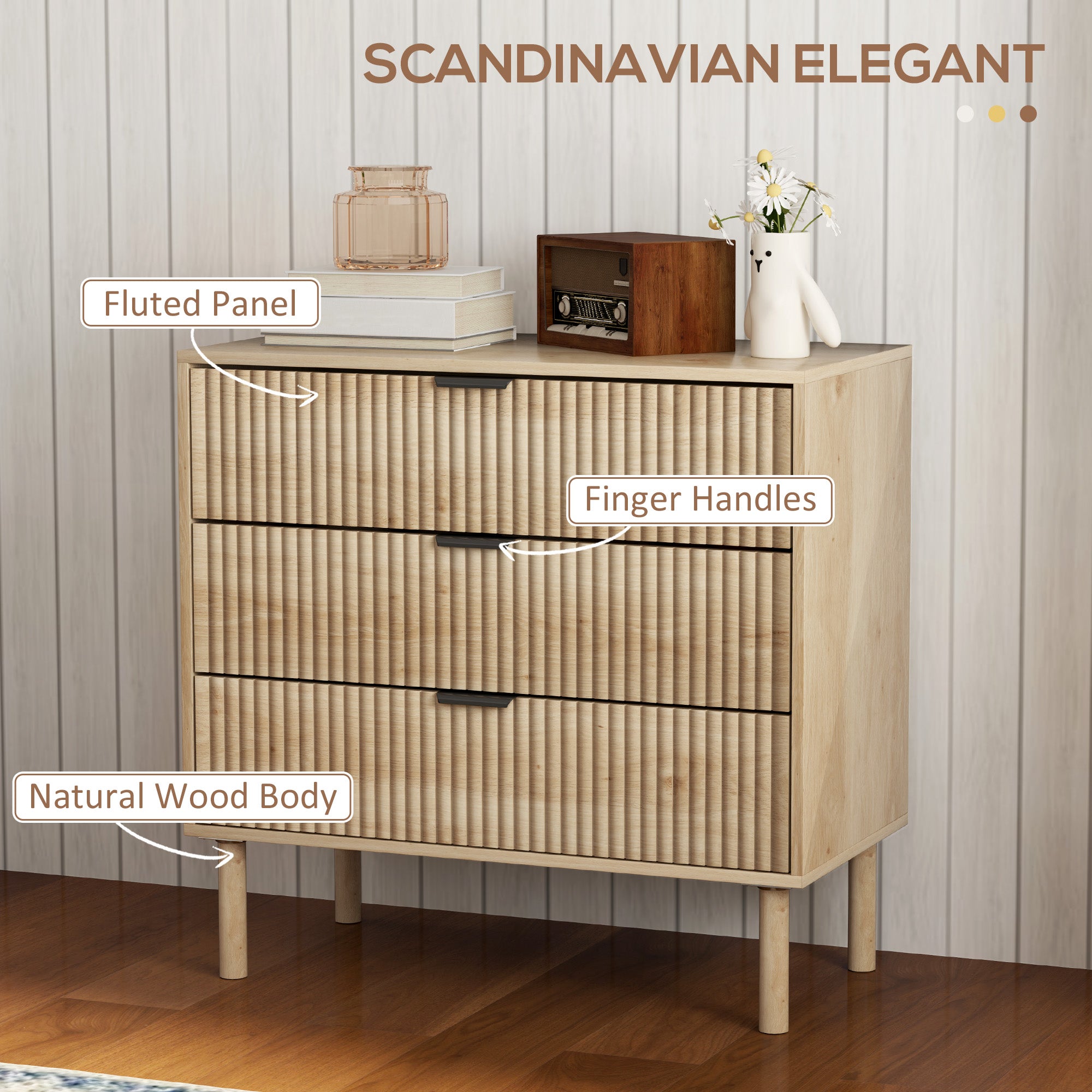 3 Drawer Dresser - Oak Fluted Chest of Drawers-DECOROLALA
