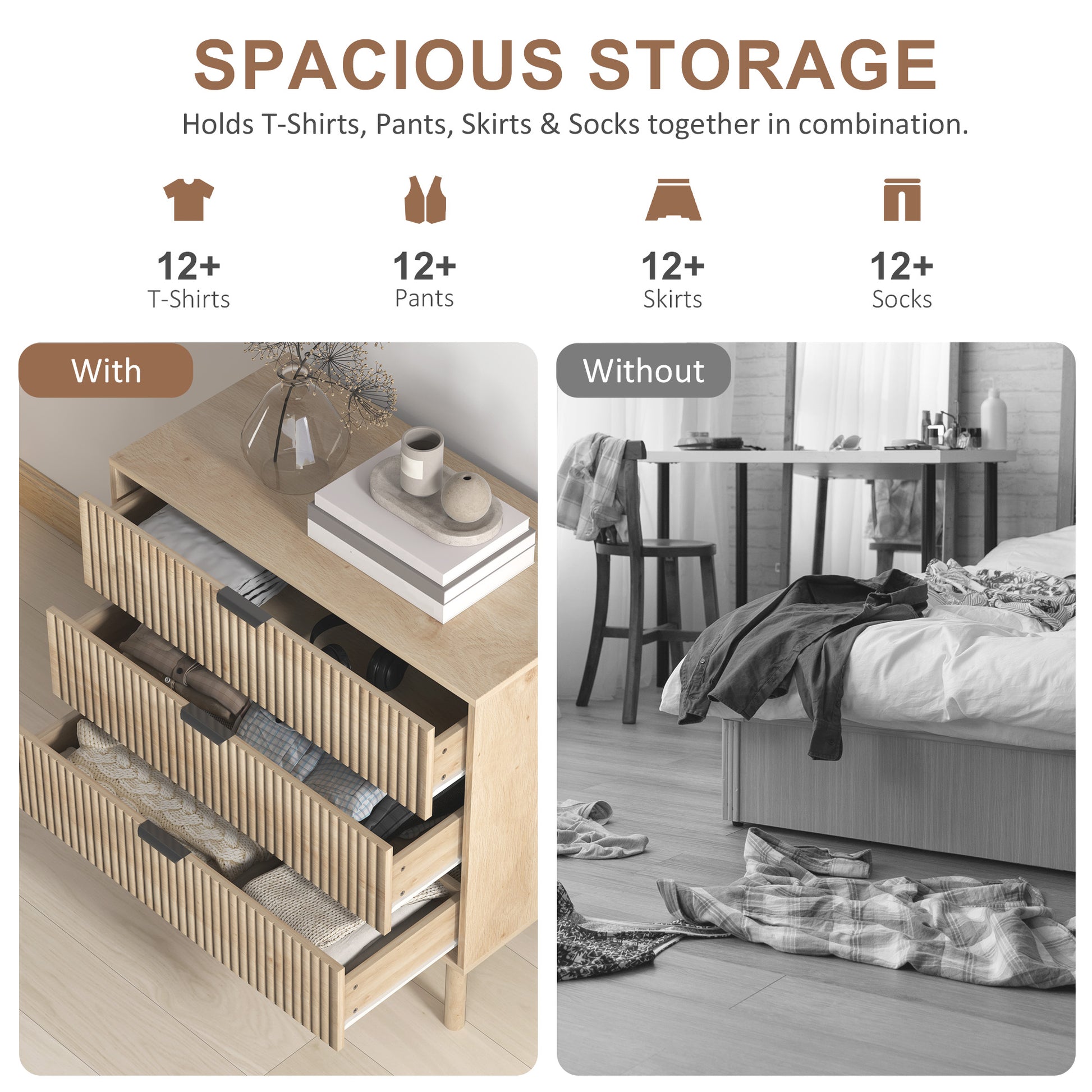 3 Drawer Dresser - Oak Fluted Chest of Drawers-DECOROLALA