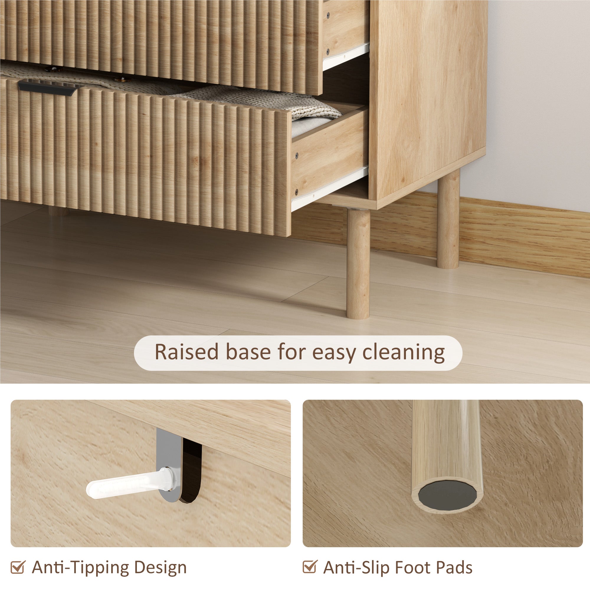 3 Drawer Dresser - Oak Fluted Chest of Drawers-DECOROLALA