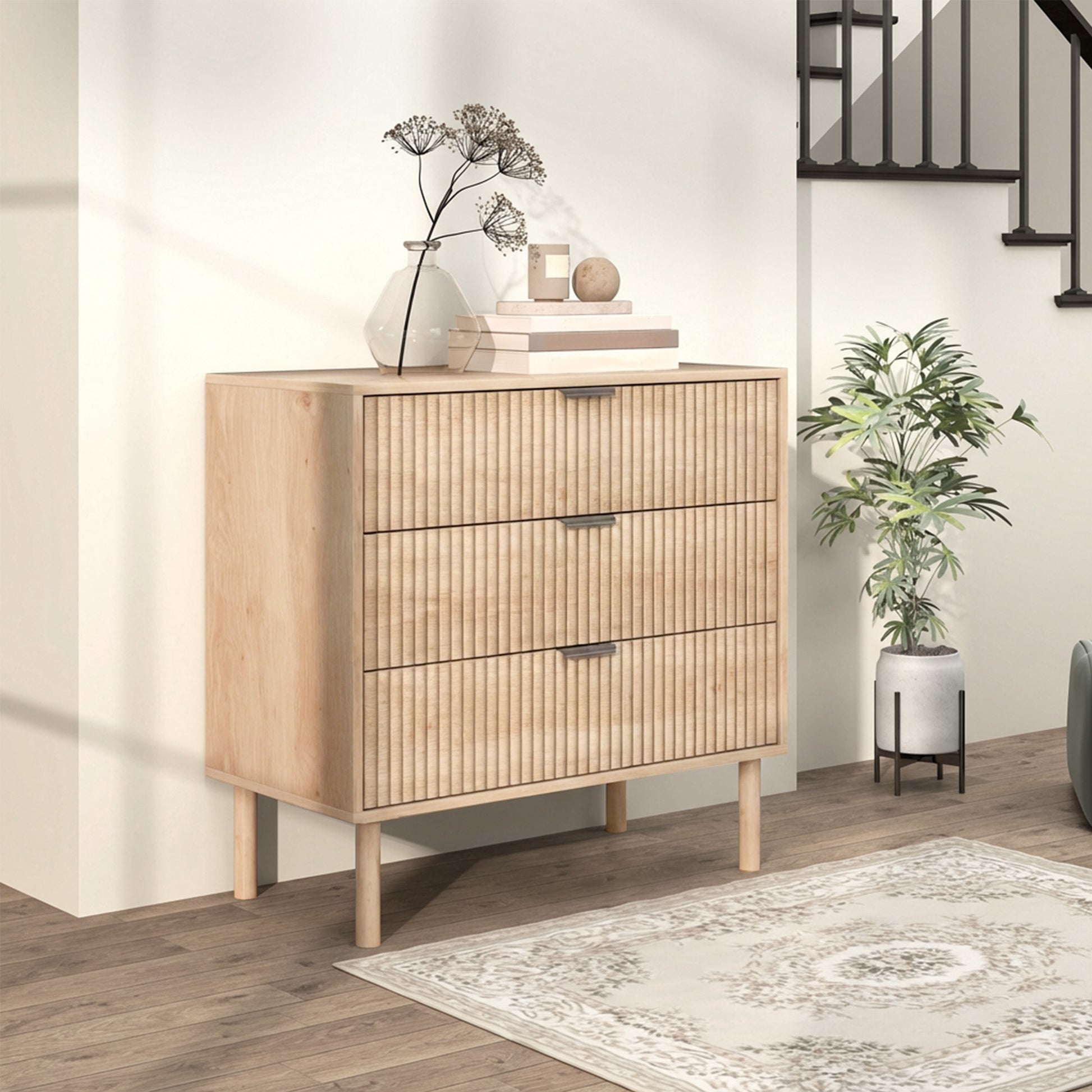3 Drawer Dresser - Oak Fluted Chest of Drawers-DECOROLALA