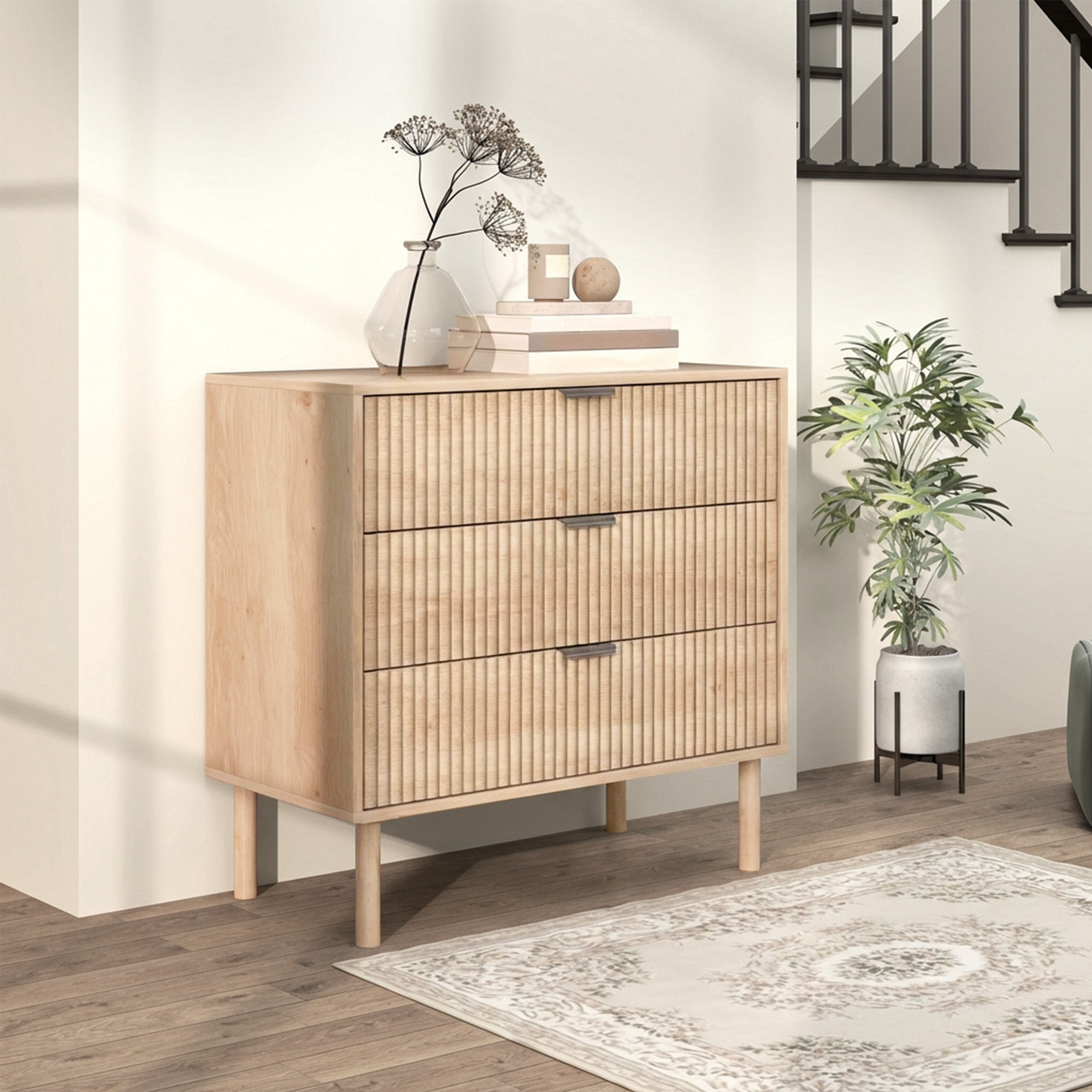 3 Drawer Dresser - Oak Fluted Chest of Drawers-DECOROLALA