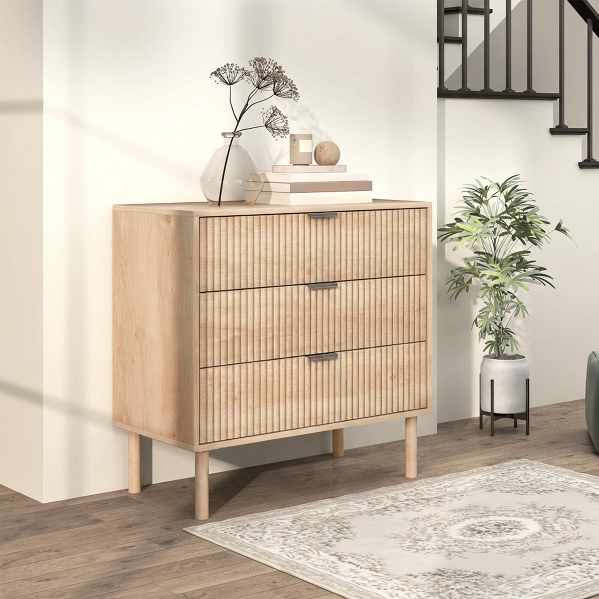 3 Drawer Dresser - Oak Fluted Chest of Drawers-DECOROLALA