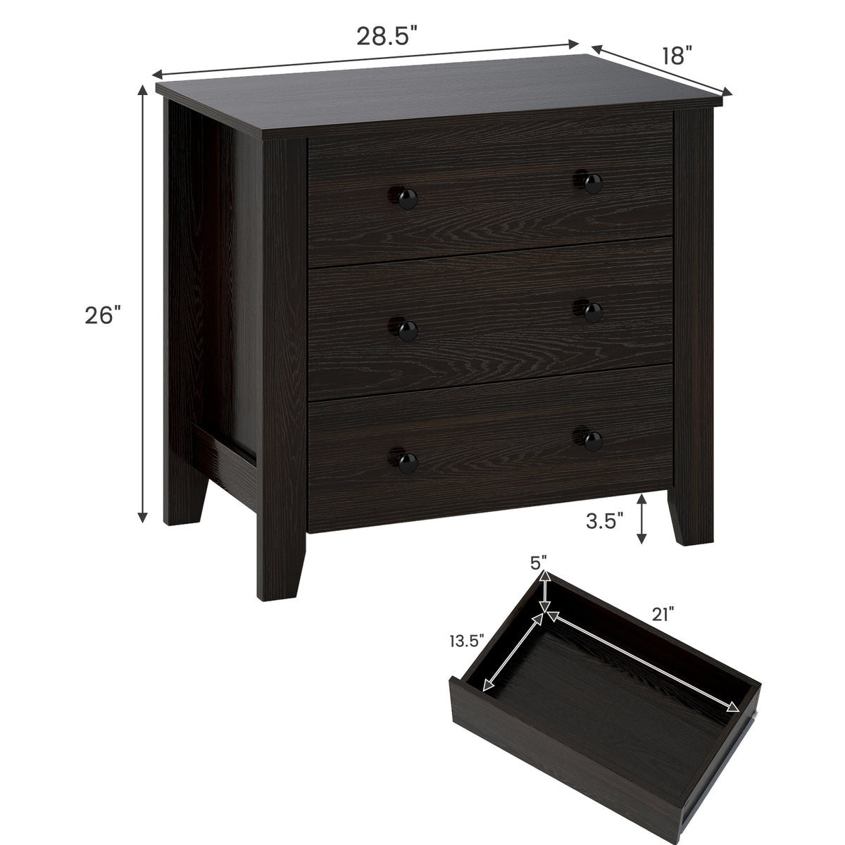 3-Drawer Dresser Wide Chest of Drawers Modern Large Nightstand Closet Storage Organizer-Dark Brown-Dressers & Chests-DECOROLALA