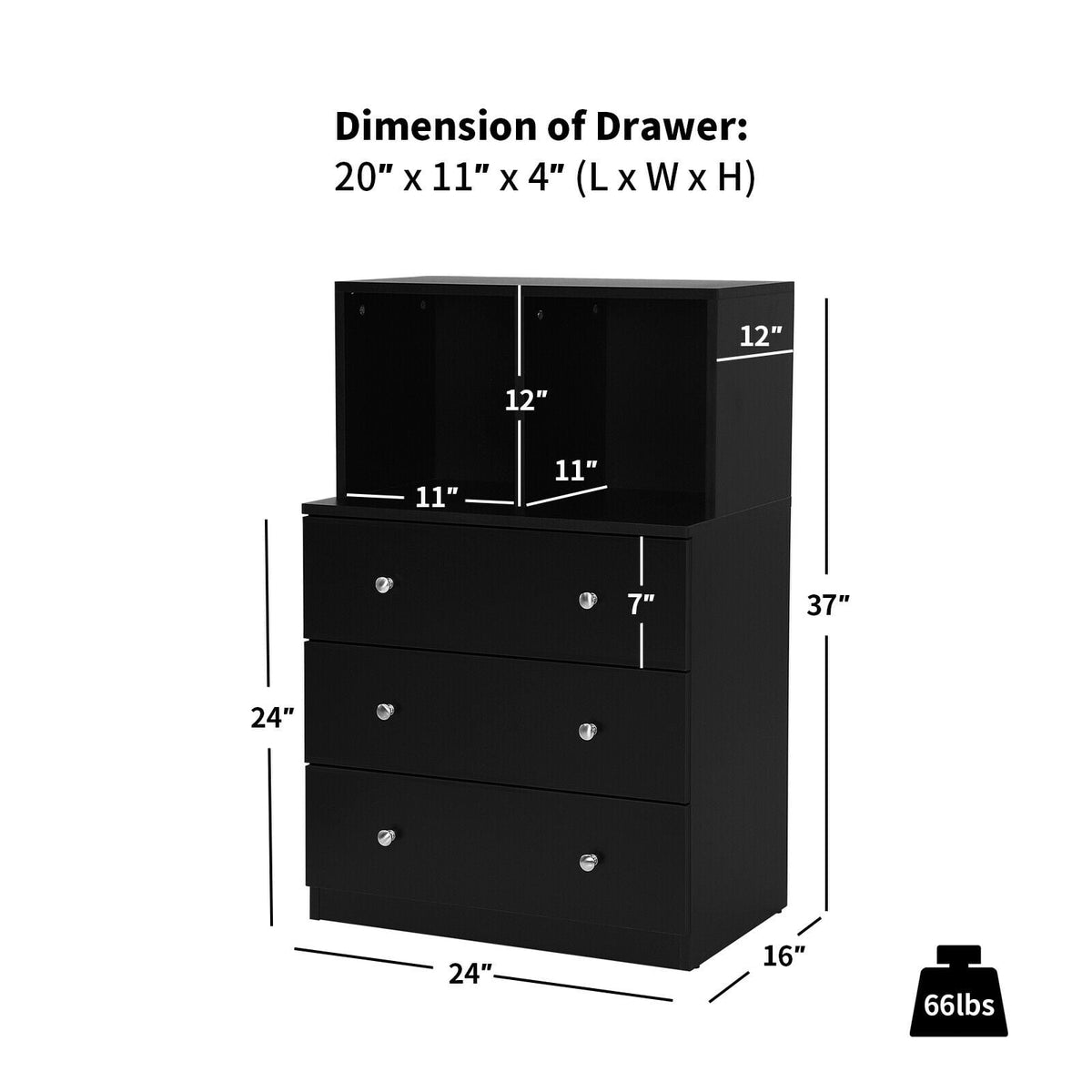3 Drawer Dresser with Cubbies - Black (min order qty 2)-Dressers & Chests-DECOROLALA