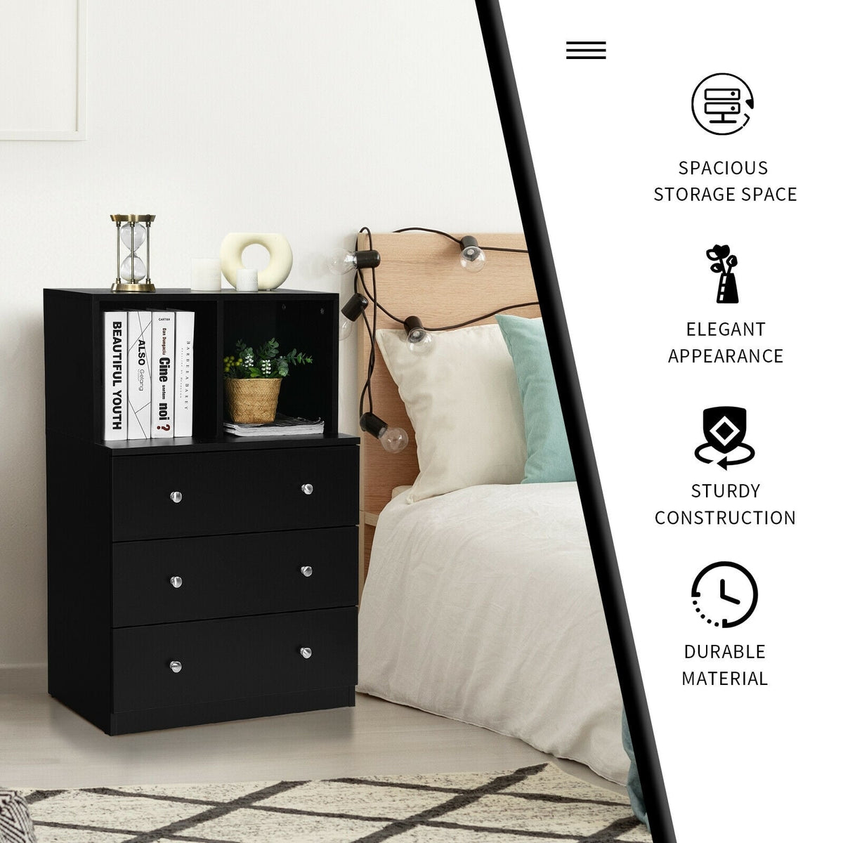 3 Drawer Dresser with Cubbies - Black (min order qty 2)-Dressers & Chests-DECOROLALA