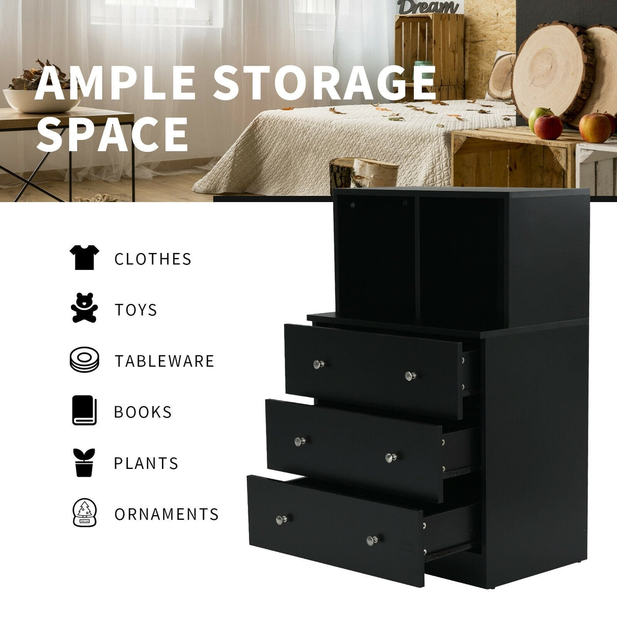 3 Drawer Dresser with Cubbies - Black (min order qty 2)-Dressers & Chests-DECOROLALA